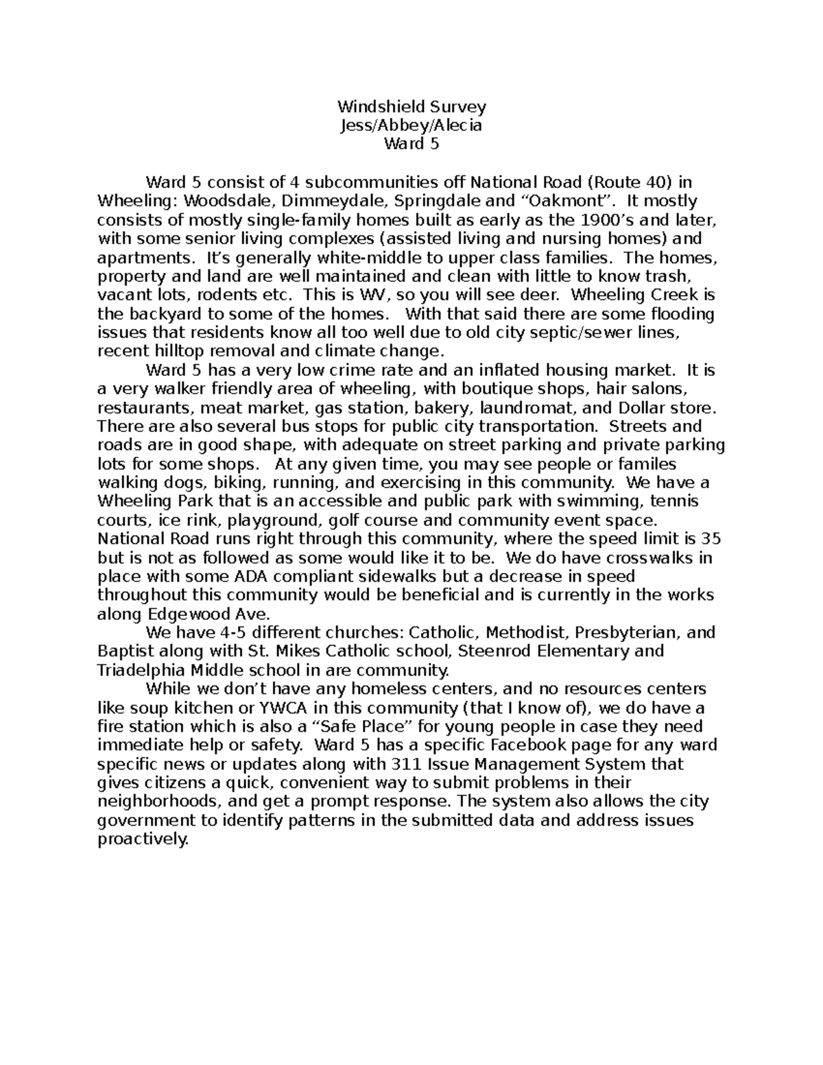 Windshield Survey narrative - Windshield Survey Jess/Abbey/Alecia Ward ...