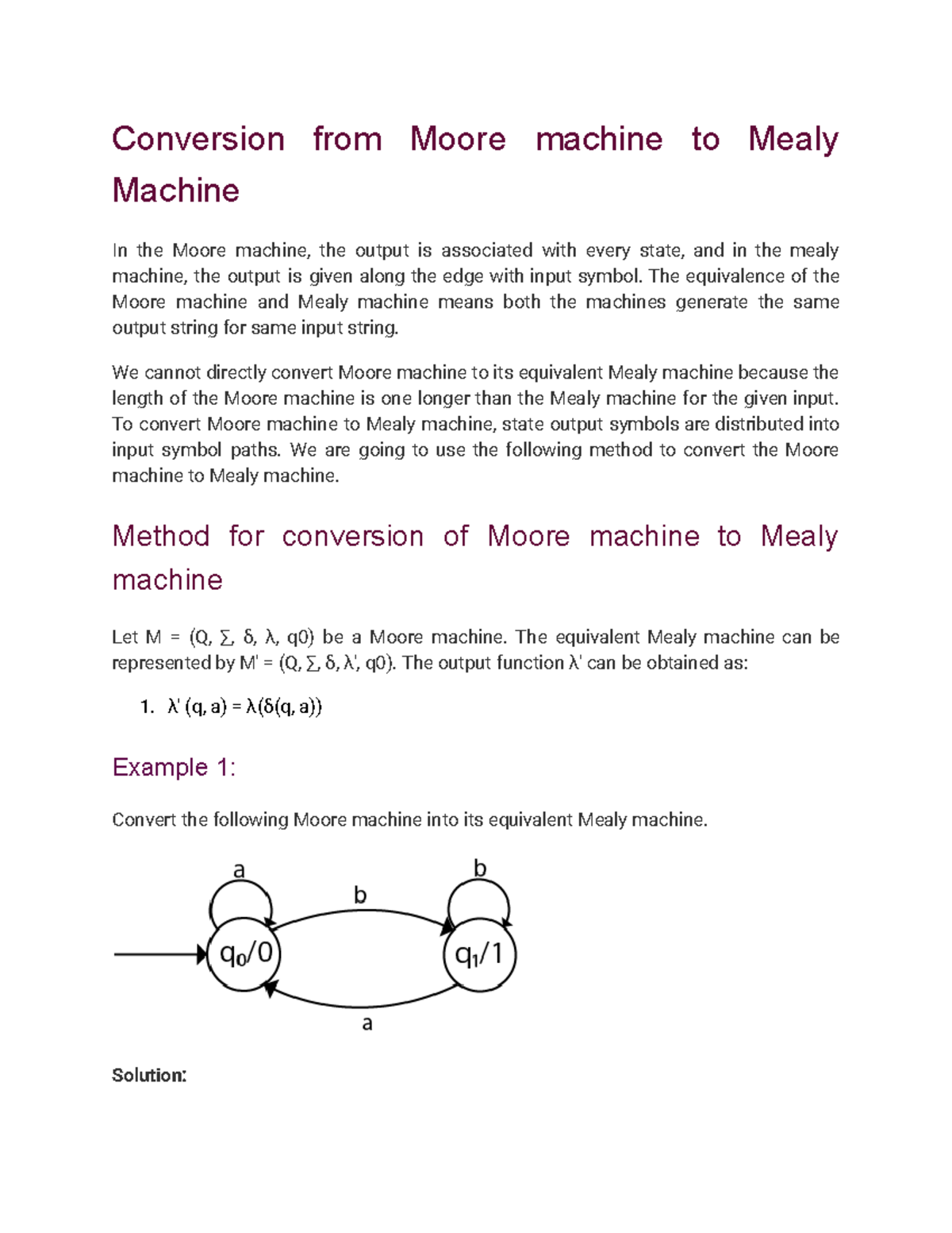 Question BANK 1 (Part 13) Conversion from Moore machine to Mealy