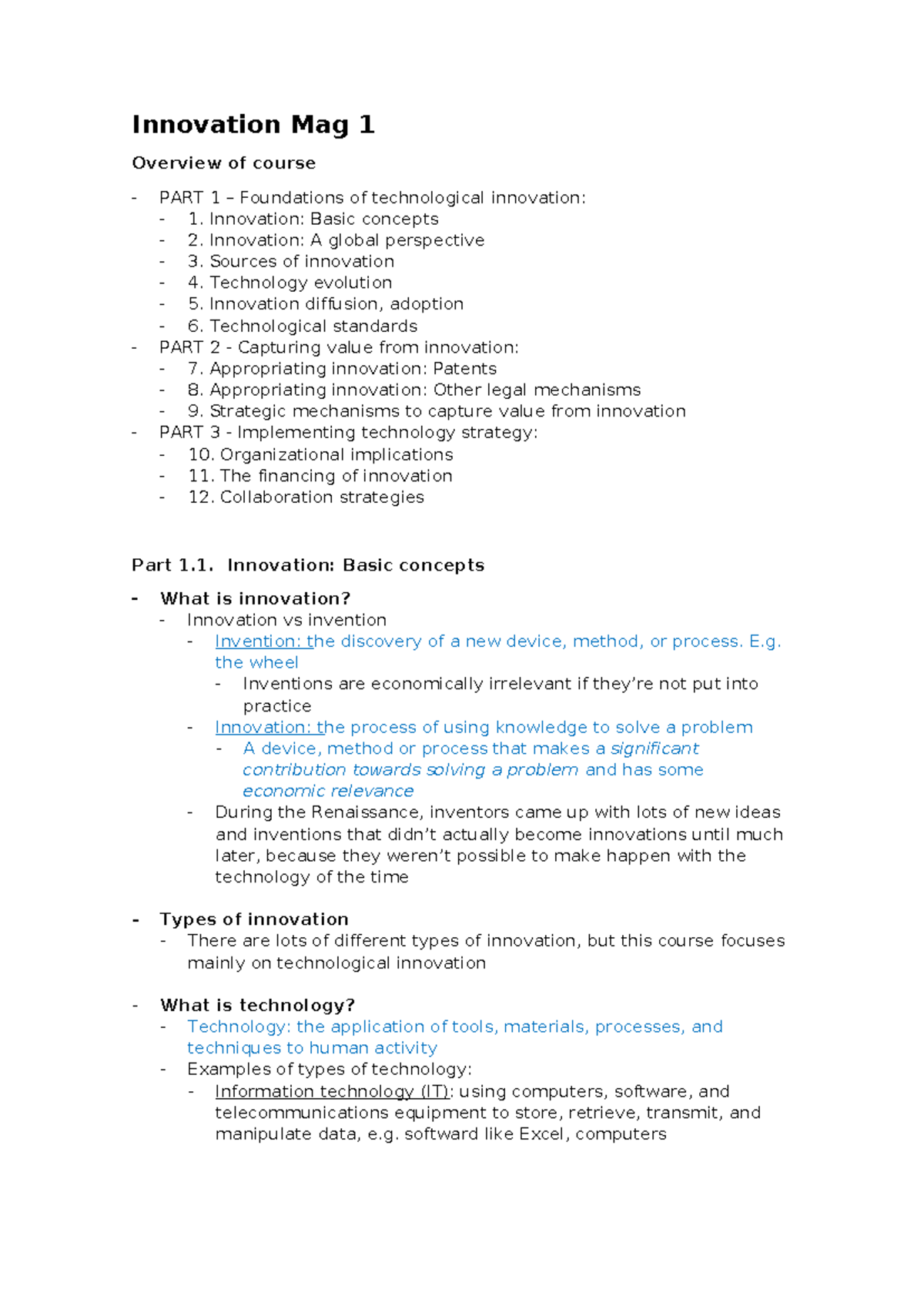 Innovation Week 1 Notes - Innovation Mag 1 Overview of course PART 1 ...