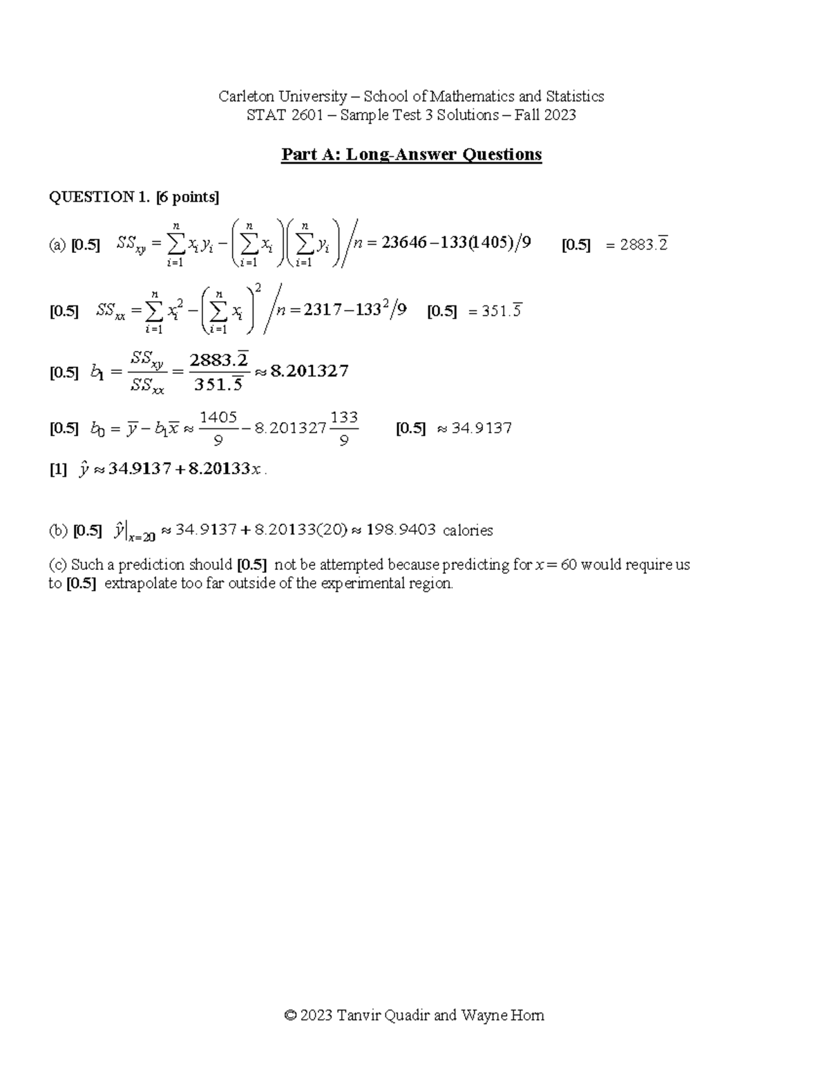 STAT 2601 Sample Test 3 Solutions - Carleton University – School of ...