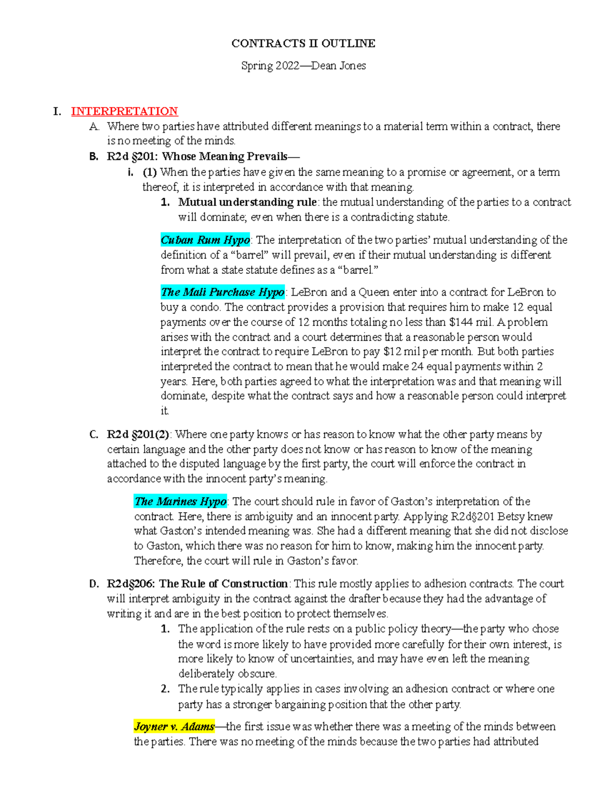 Outline Contracts Ii Contracts 2 Outline For The Course Contracts