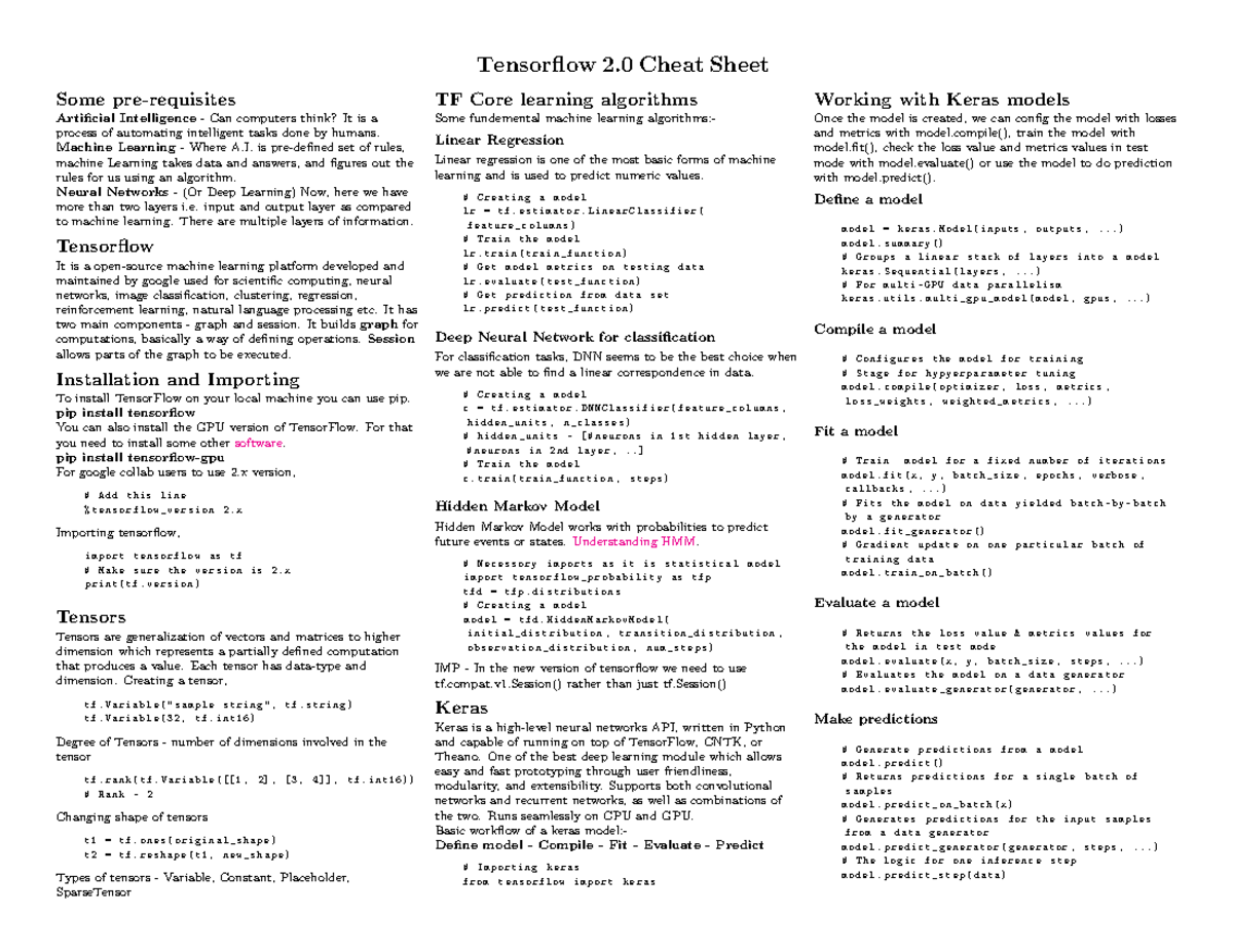 Tensorflow 2 0 Cheat Sheet - Tensorflow 2 Cheat Sheet Some pre ...