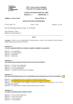 ANNALES Corrigées QCM Examen Présentiel S2 (session 1) Année 2017-2018 ...