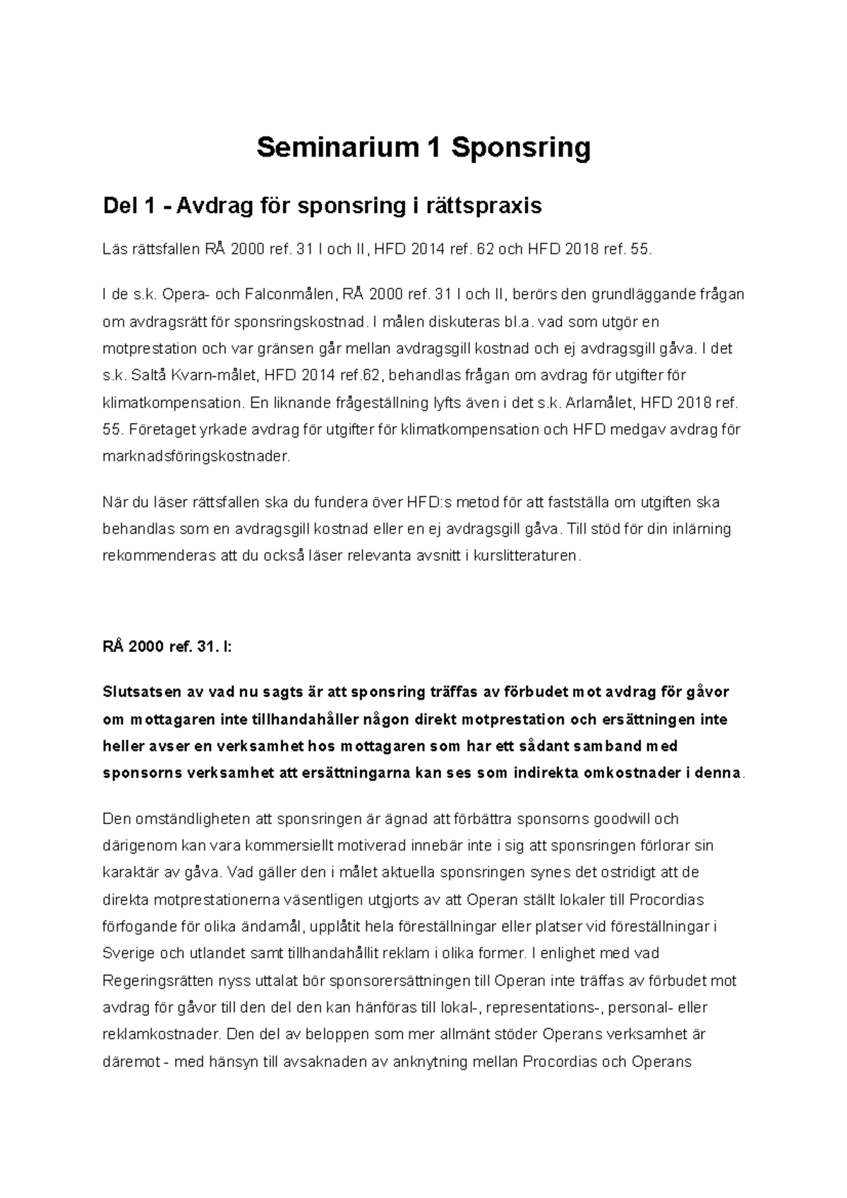 Skatterätt Seminarieövning - Seminarium 1 Sponsring Del 1 - Avdrag För ...