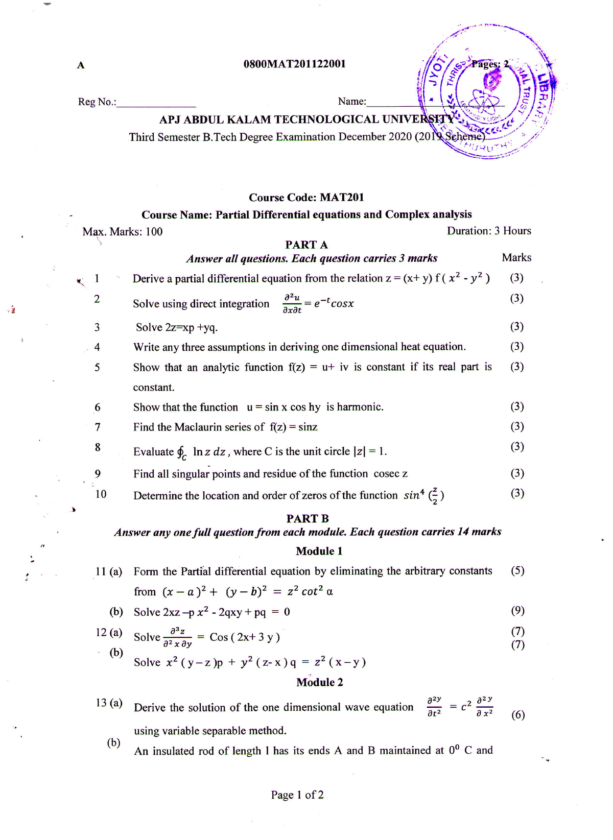 MAT201 Partial Differential Equations AND Complex Analysis, December ...