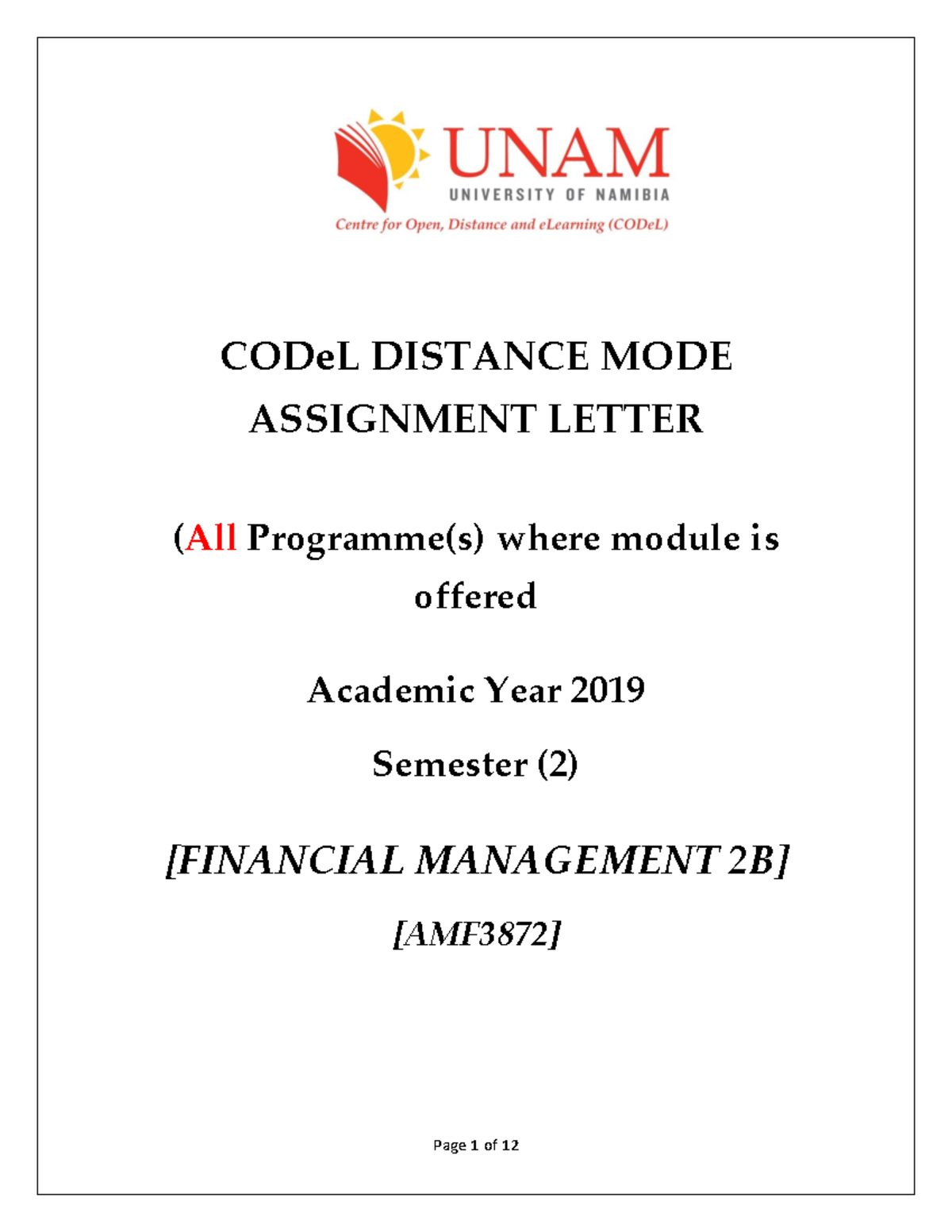 2019 Distance Assignments AMF3872 - Financial Management 2B - CODeL ...