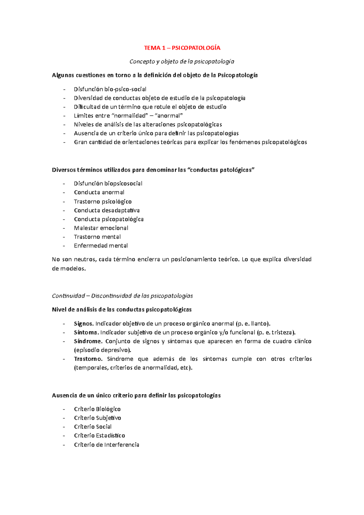 TEMA 1 - Apuntes 1 - TEMA 1 – PSICOPATOLOGÍA Concepto y objeto de la ...