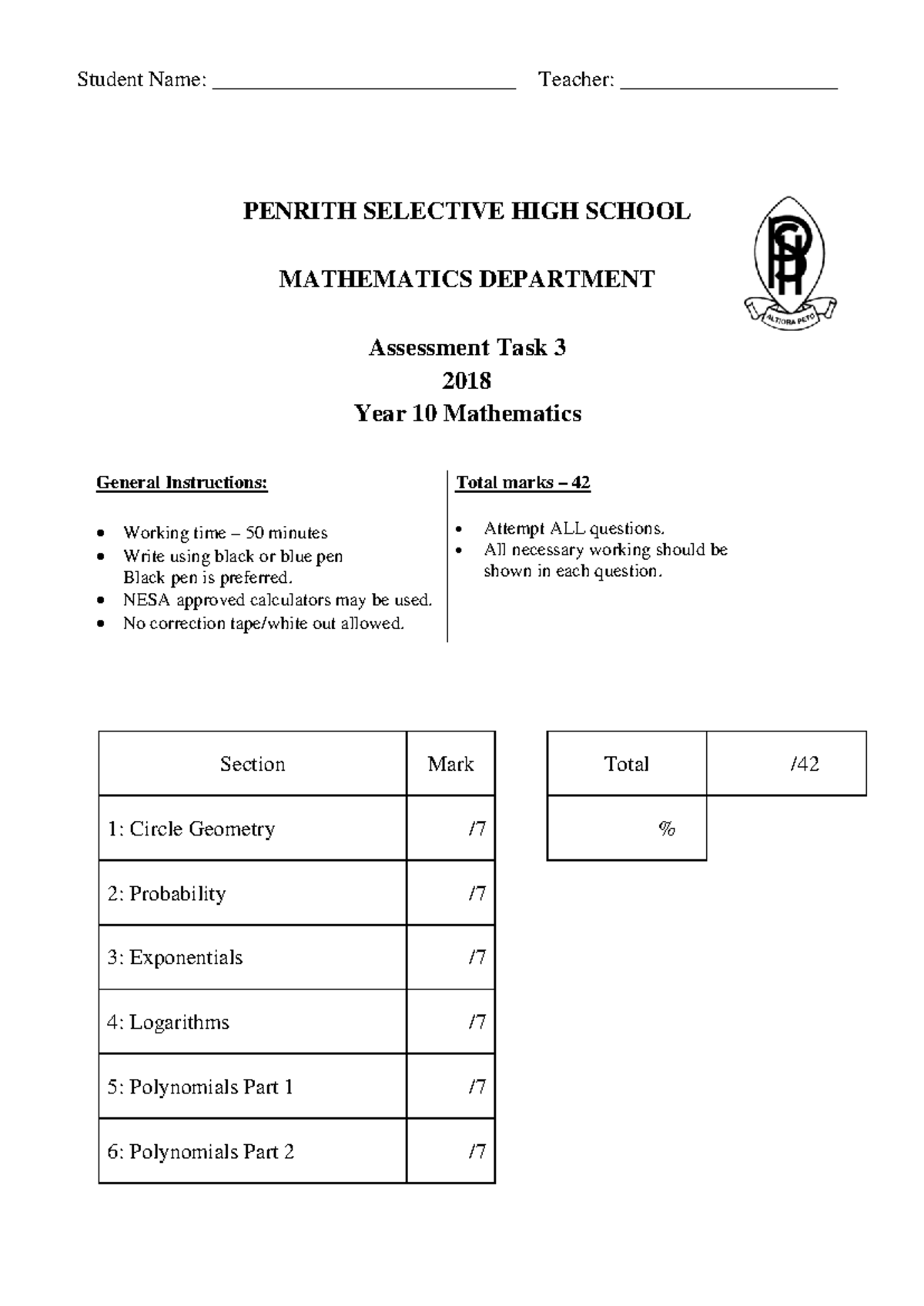 2018 Year 10 Assessment Task 3 - Student Name ...