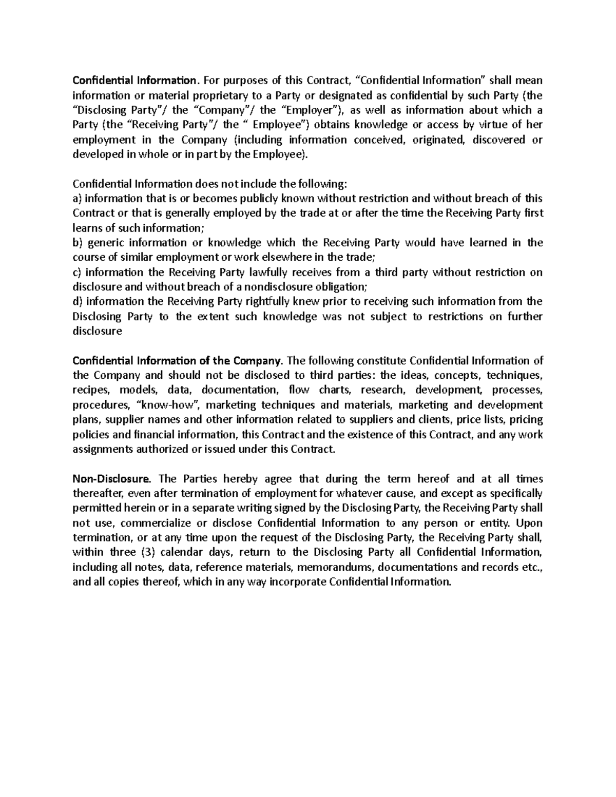 NDA - These are sample terms of a standard Non disclosure agreement ...
