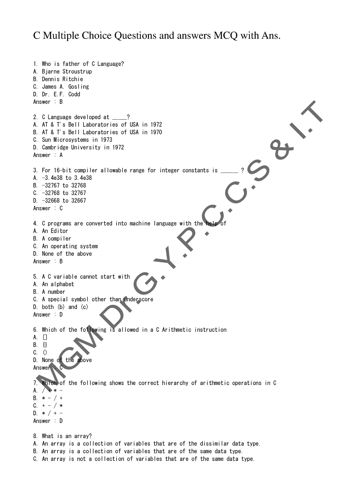 C Prog Mcqs For C Programming Intro To Computer Science Cs601 Studocu