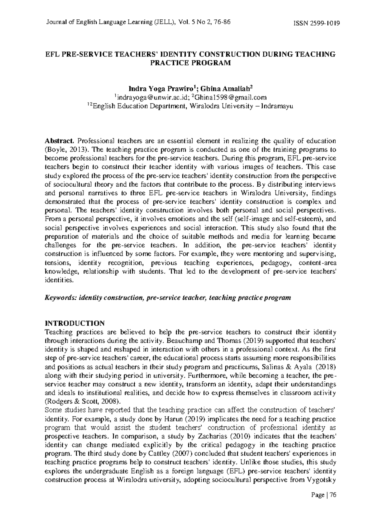 EFL PRE- Service Teachers' Identity Construction During Teaching ...