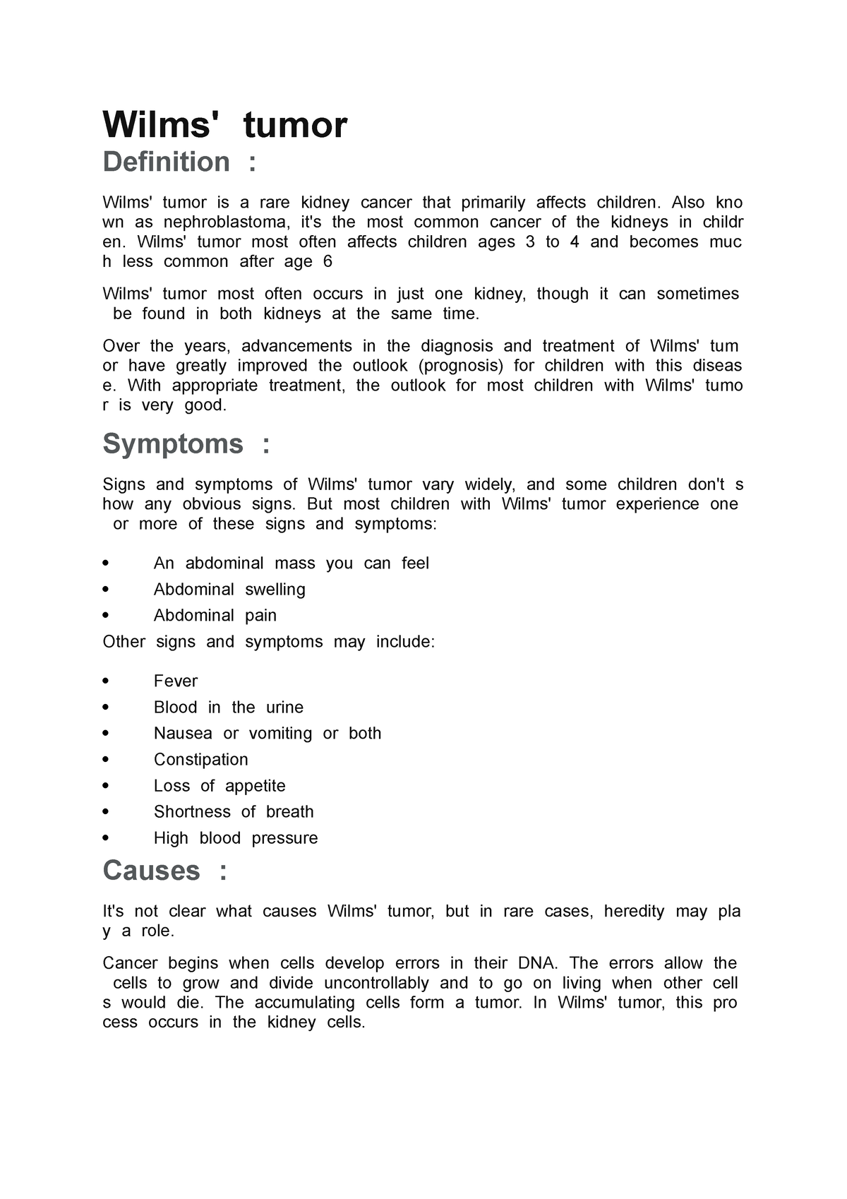 room assignment following removal of wilms tumor