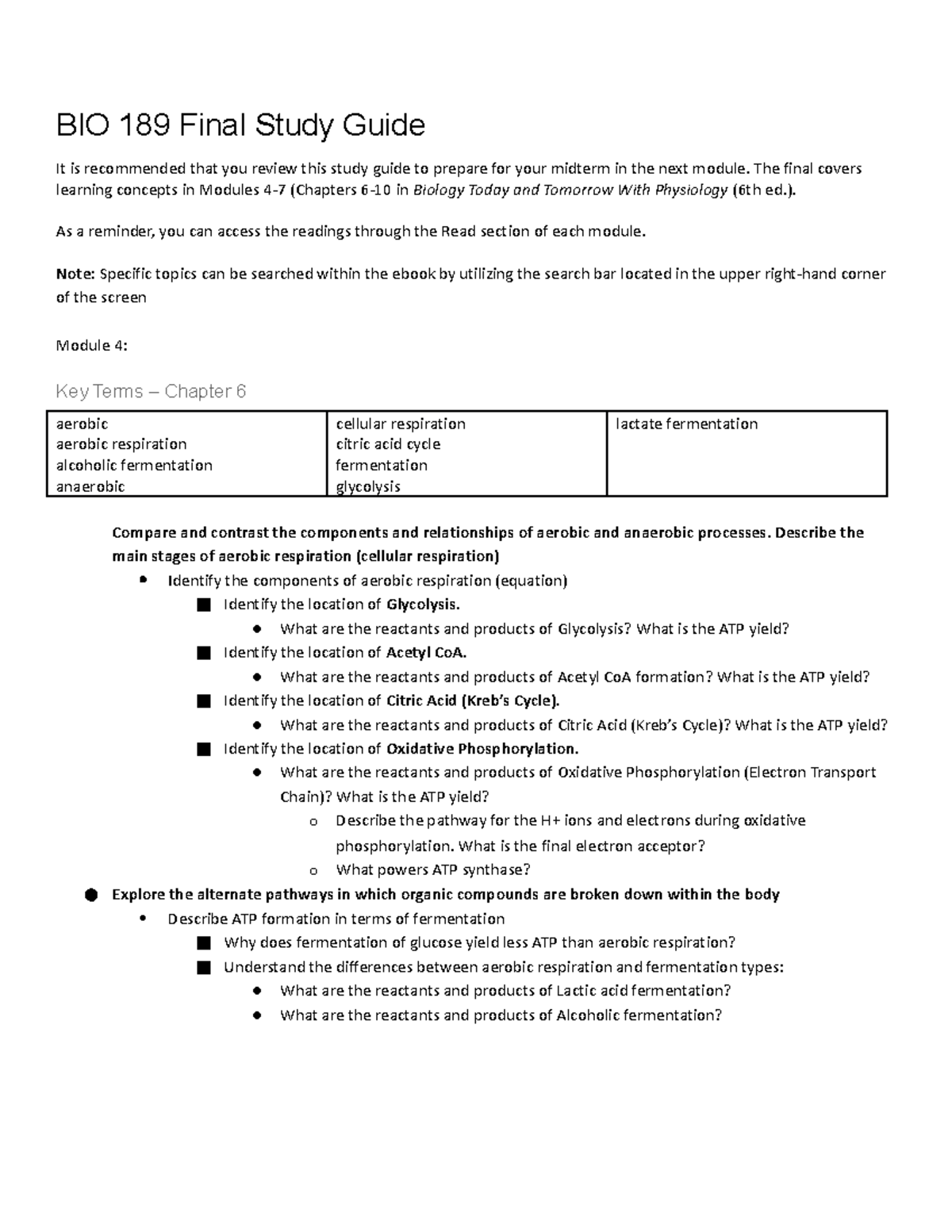 BIO 189 Final Study Guide-1 - BIO 189 Final Study Guide It is ...