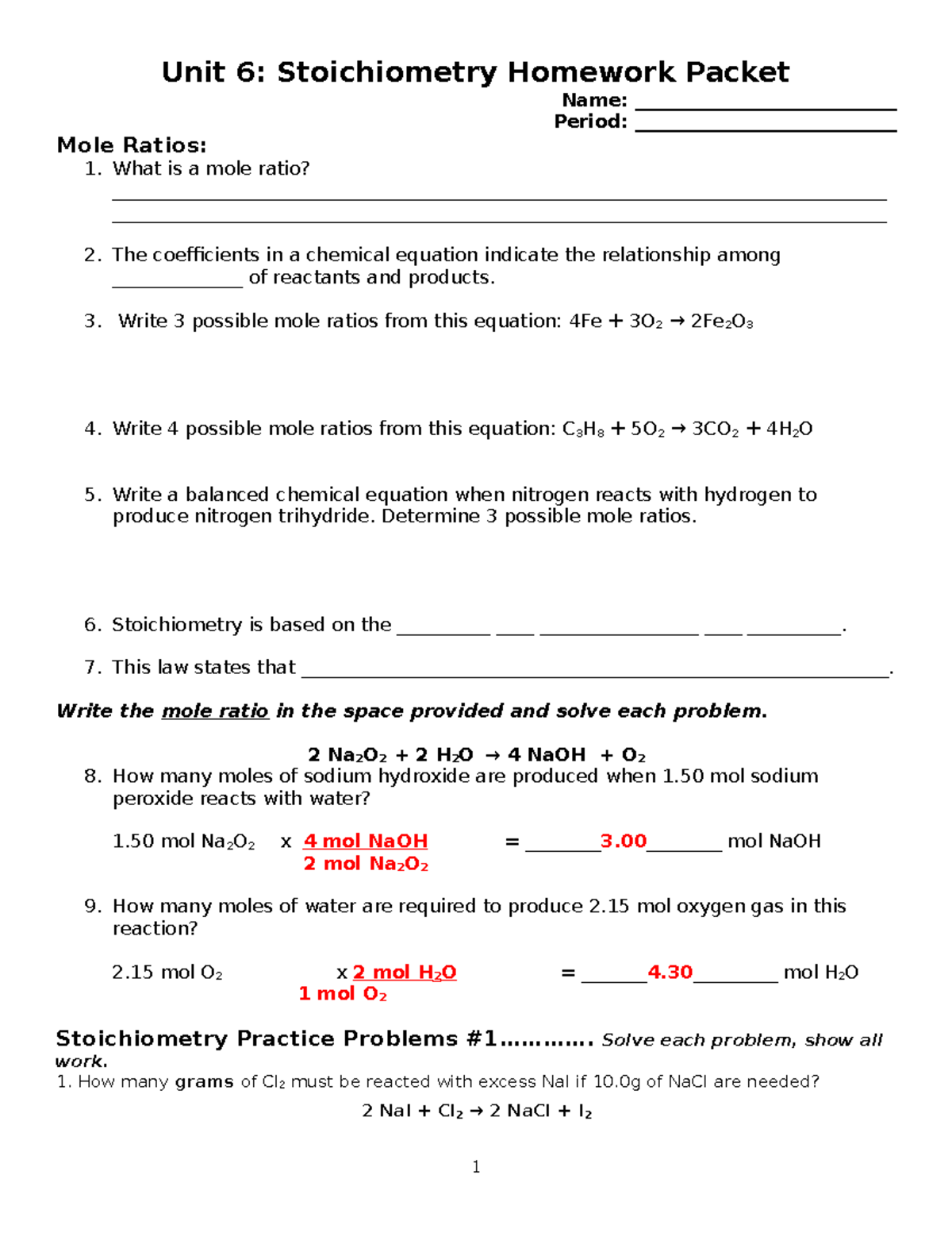 stoichiometry homework #2 chemistry corner