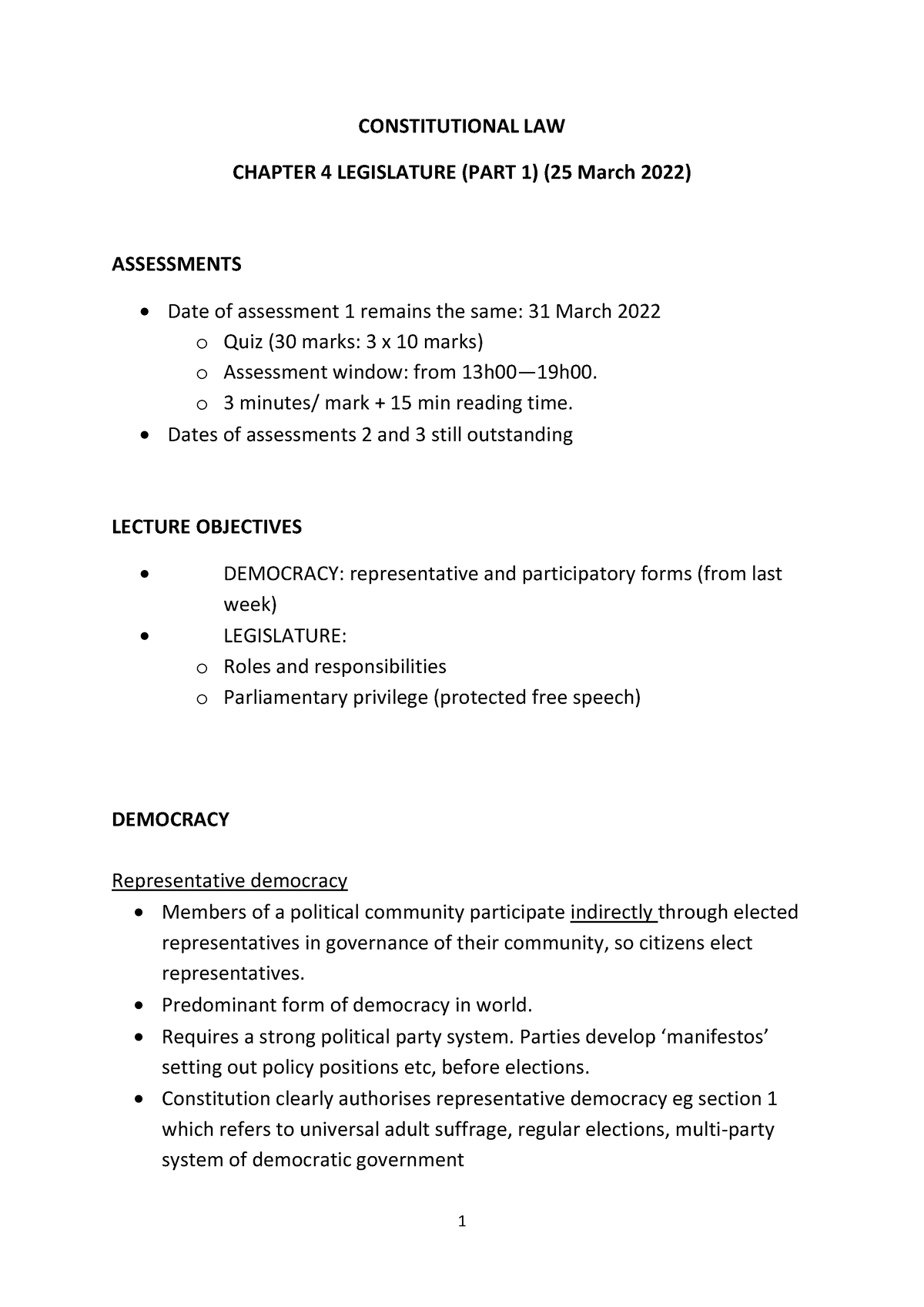 Chapter 4 Part 1 - Notes - CONSTITUTIONAL LAW CHAPTER 4 LEGISLATURE ...