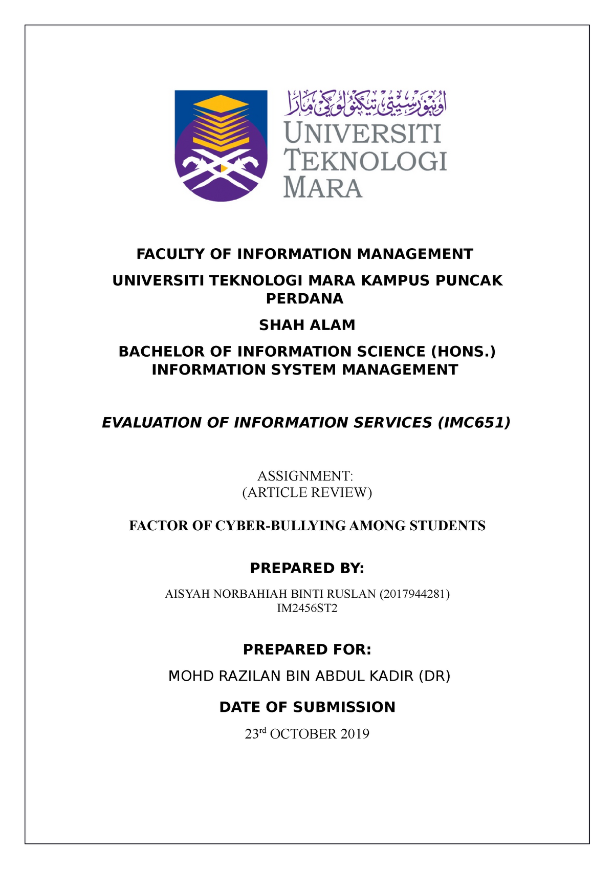 Report Article Review Imc651 Individual Faculty Of Information Management Universiti Teknologi Mara Kampus Puncak Perdana Shah Alam Bachelor Of Information Studocu