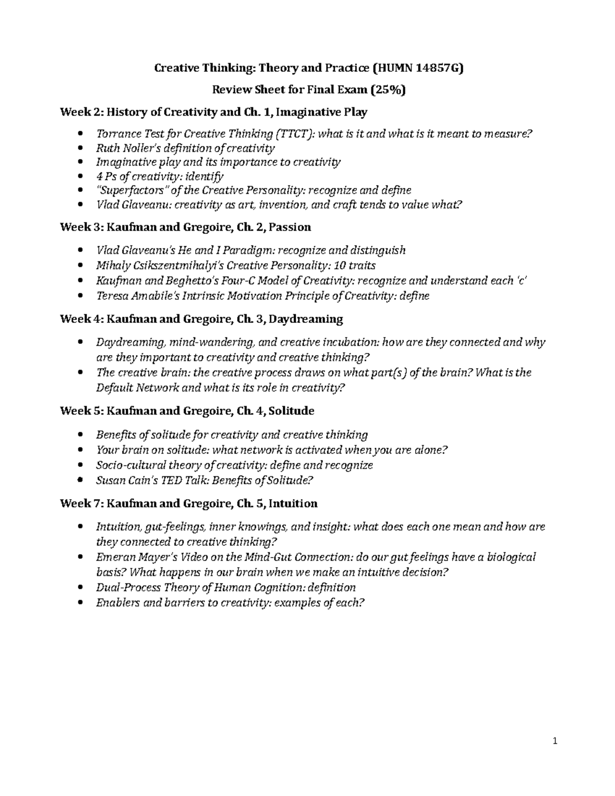 Review Final Exam S23 - Abcd abcd - Creative Thinking: Theory and ...