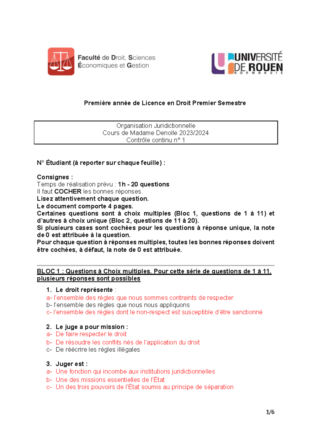 Corrig Ã© QCM 1 - Cours - Première année de Licence en Droit Premier ...