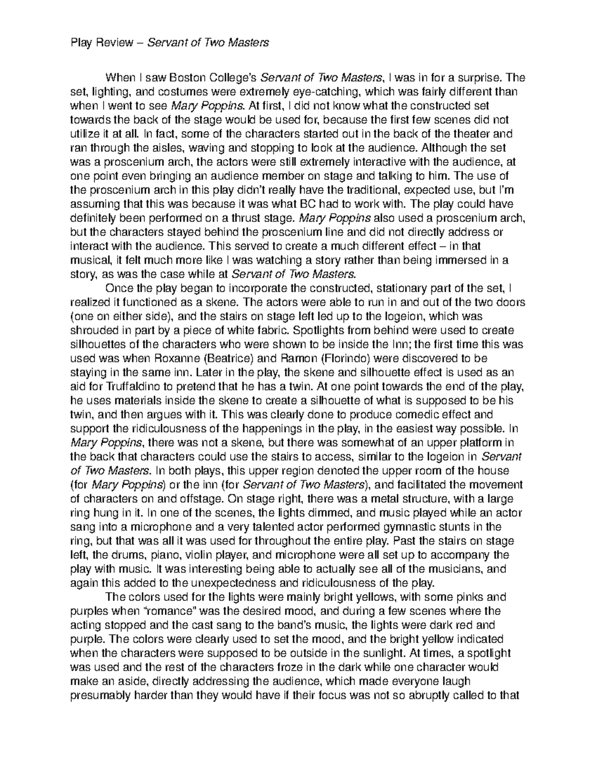 Servant of Two Masters Play Review Essay Spring 2016 Grade A Play Review Servant of Two