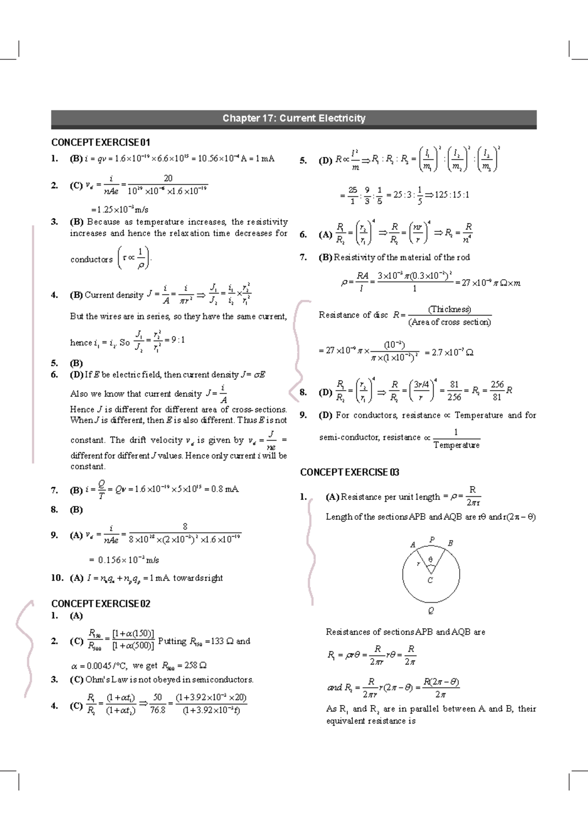 Current Electricity solutions - CONCEPT EXERCISE 01 1. (B) i qv 1 10 19 ...