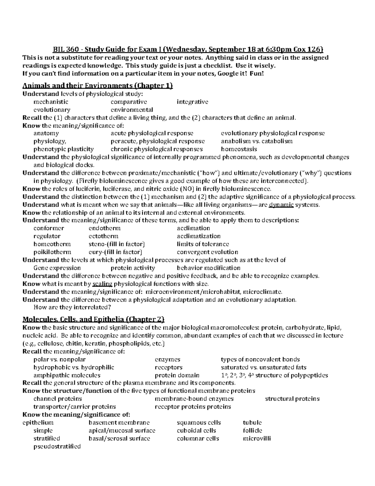 Study Guide for Exam I - BIL 360 - Study Guide for Exam I (Wednesday ...