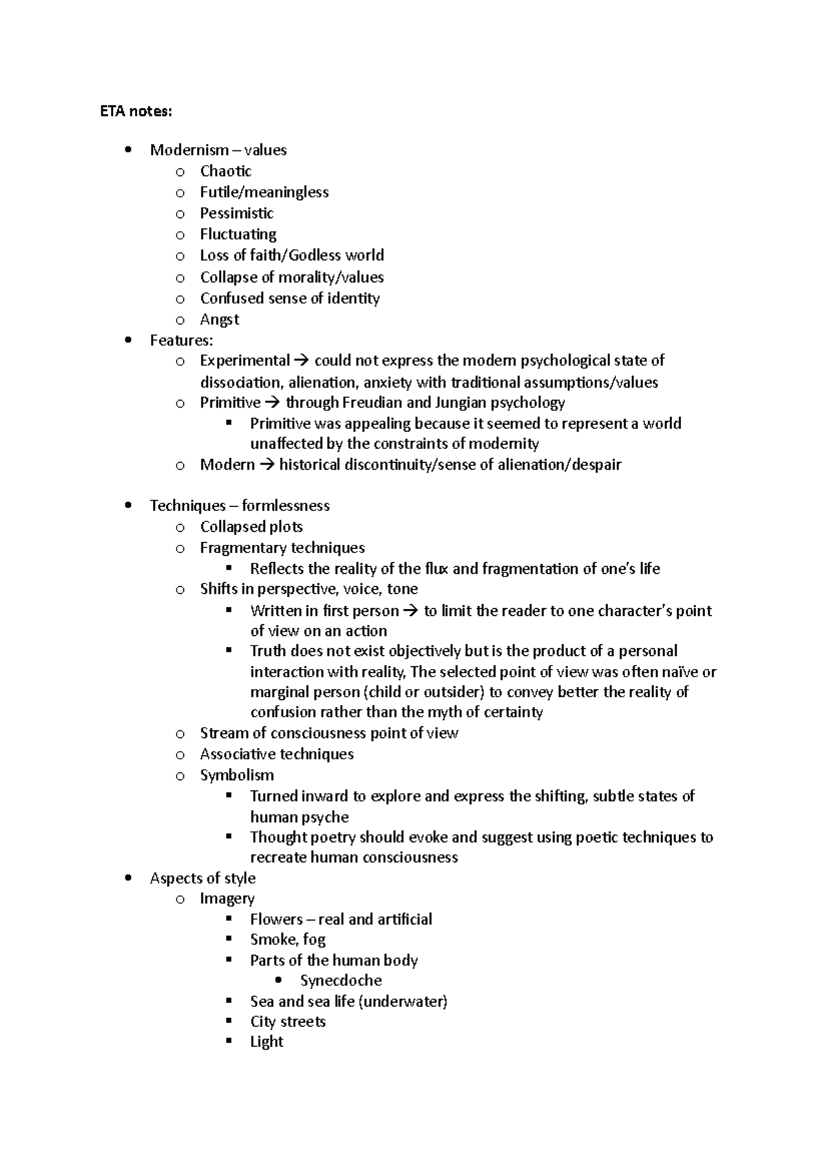 Module B English y12 - ETA notes: Modernism – values o Chaotic o Futile ...