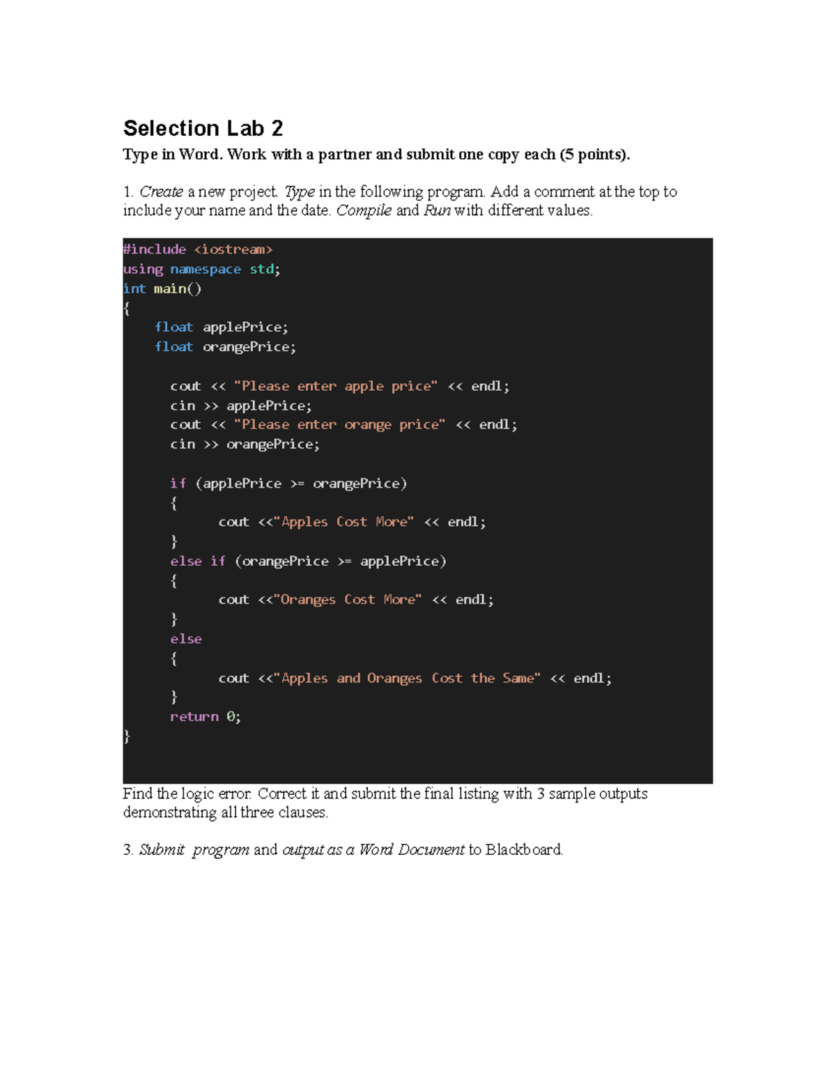 Selection Lab 2 - C++ coding - Selection Lab 2 Type in Word. Work with ...