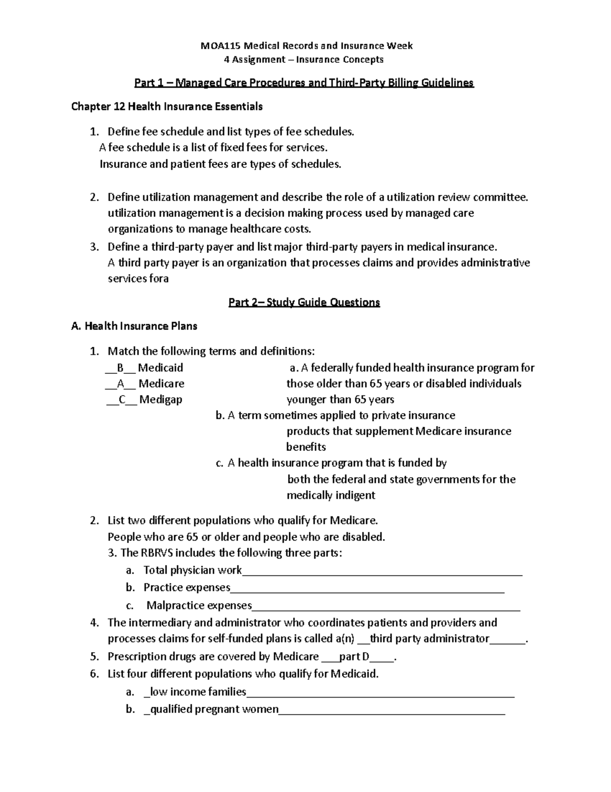 Week 4 Assignment Worksheet - MOA115 Medical Records and Insurance Week ...