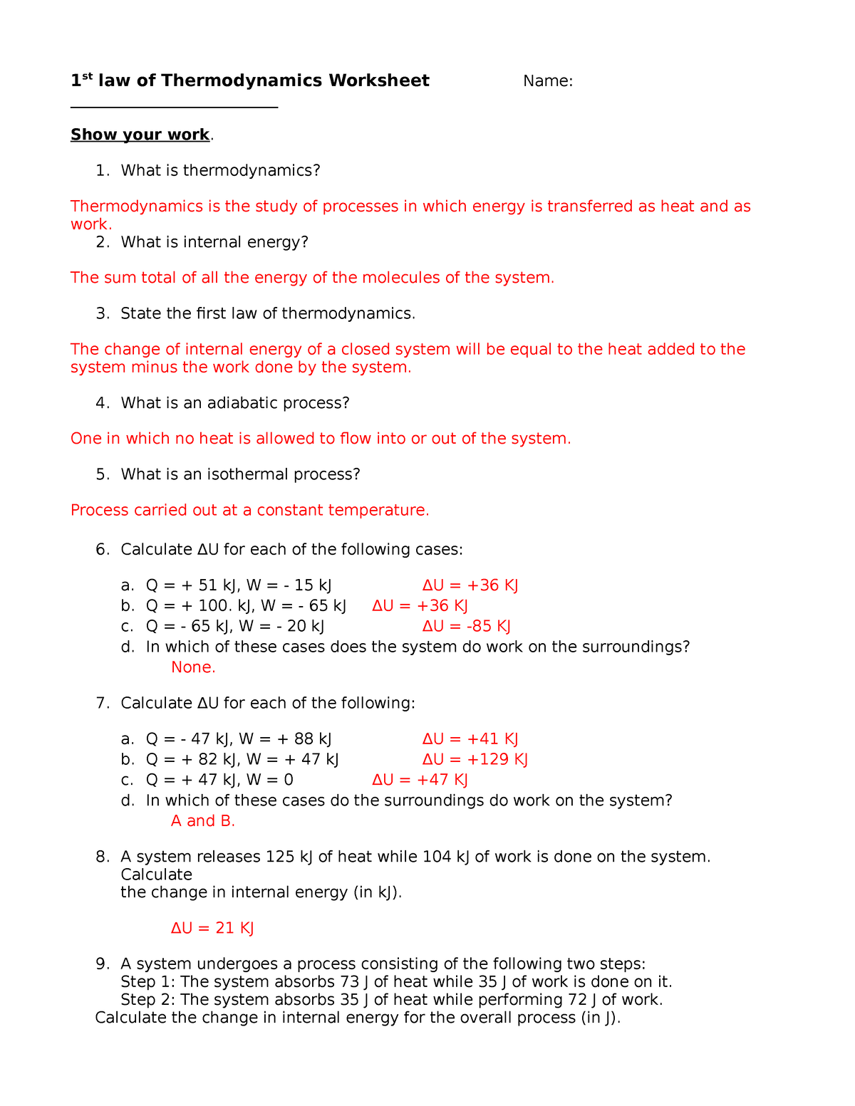 Worksheet - 1st law of thermodynamics key - 1 st law of Thermodynamics 