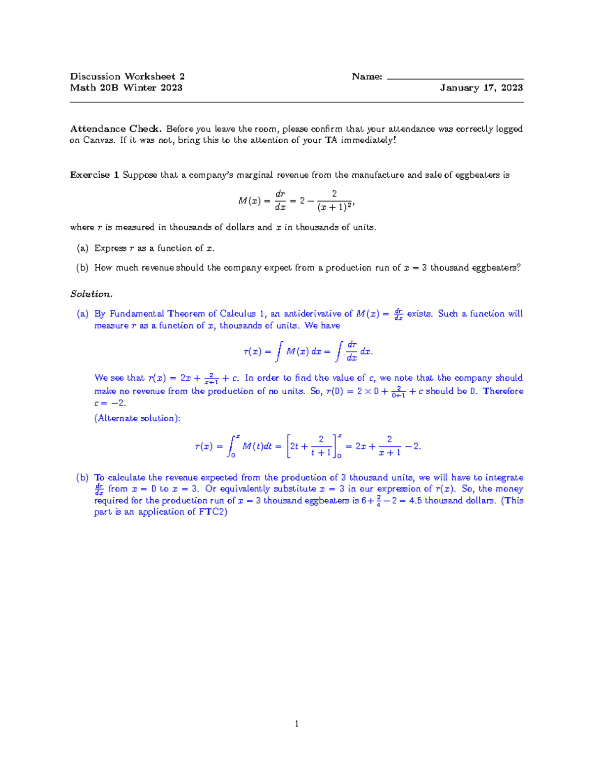 Discussion 2 Solns Discussion Worksheet 2 Name Math 20B Winter 2023