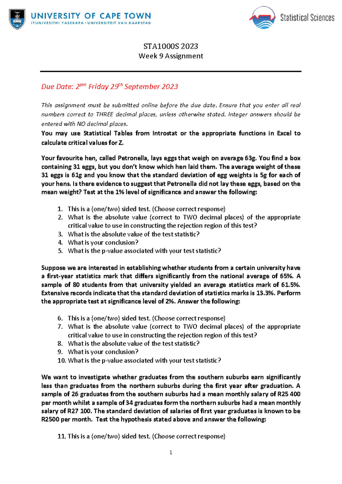 Assignment 9 STA1000S 2023 - 1 STA1000S 2023 Week 9 Assignment Due Date ...