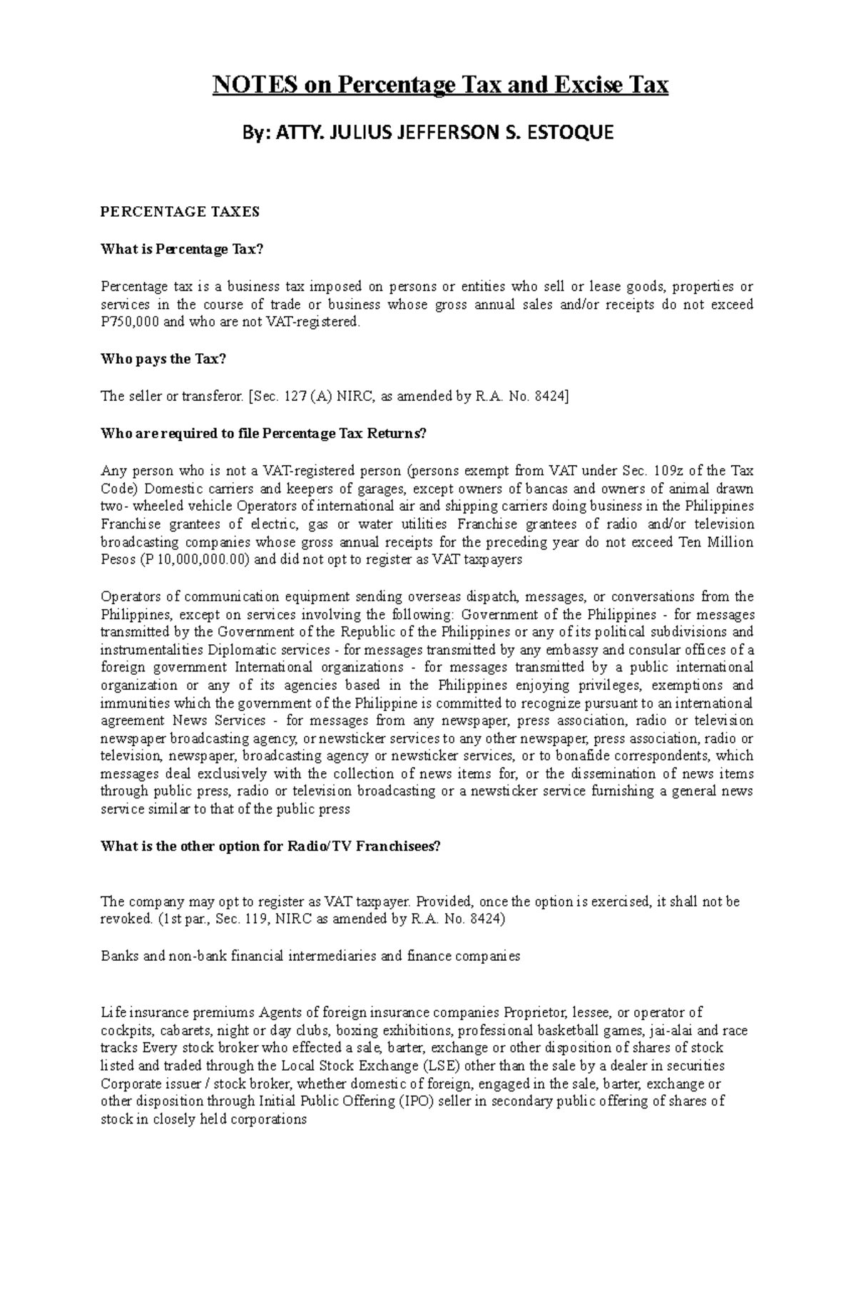 Percentage Tax and excise tax notes - By: ATTY. JULIUS JEFFERSON S ...