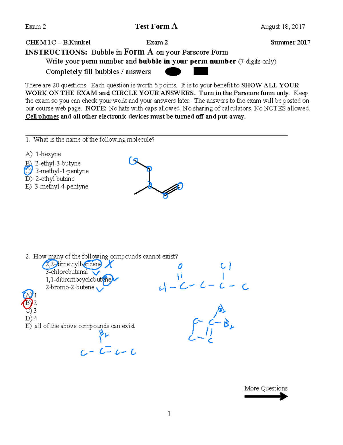 CHEM 1C Exam 2 Summer 2017 Form A Key - CHEM 1C – B Exam 2 Summer 2017 ...