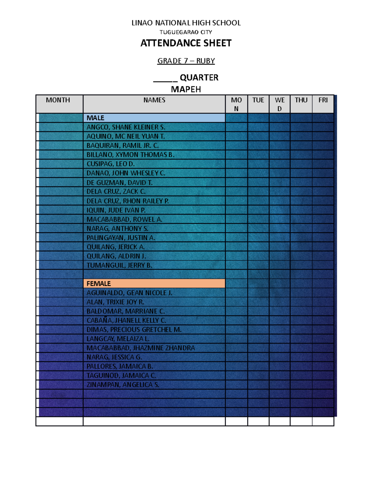 7RUBY Attendance Sheet - LINAO NATIONAL HIGH SCHOOL TUGUEGARAO CITY ...