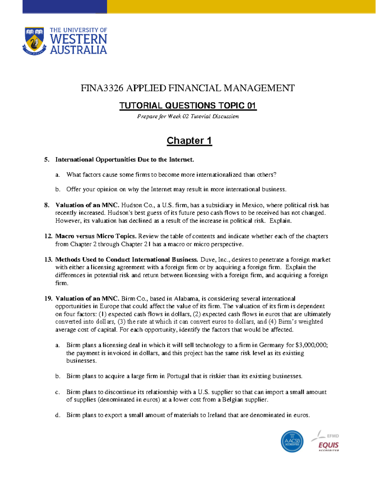 Tutorial Questions 01 2020 FINA3326 APPLIED FINANCIAL MANAGEMENT