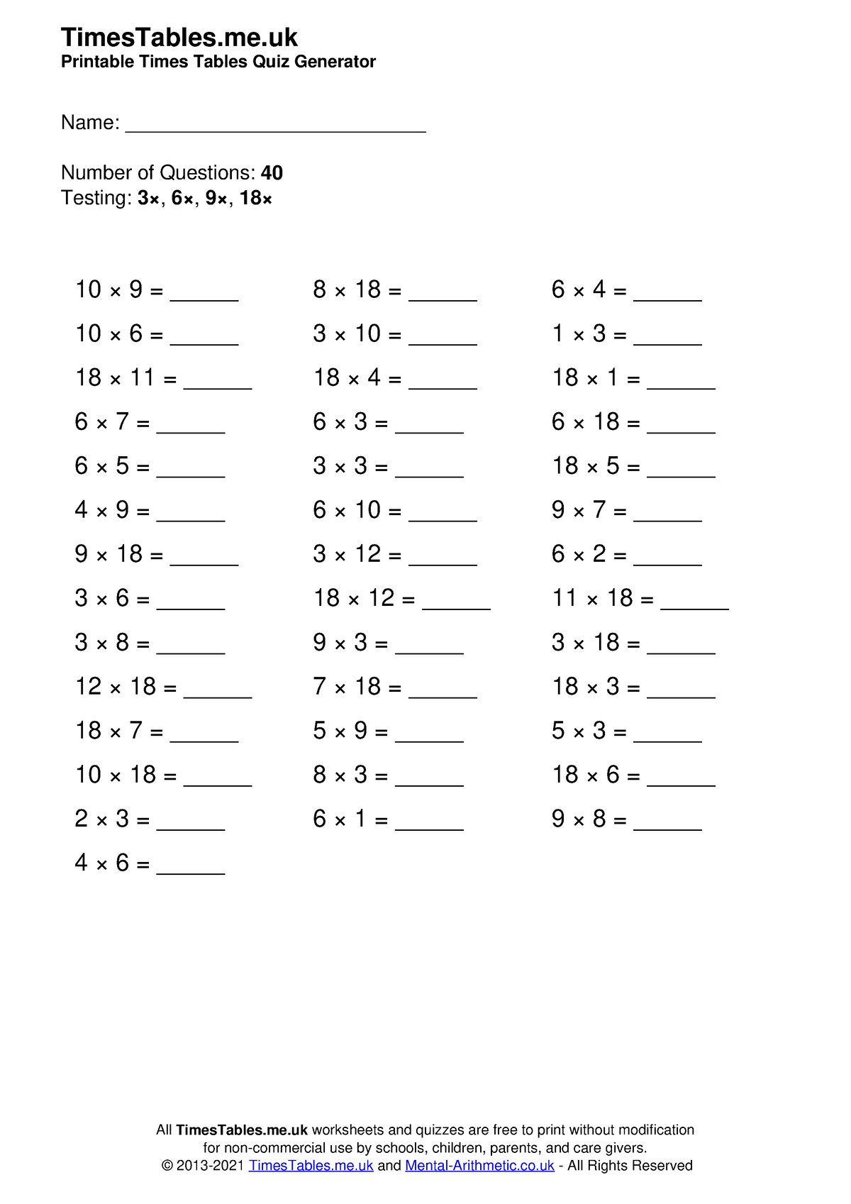 Ii4 - Sss - TimesTables.me Printable Times Tables Quiz Generator Name