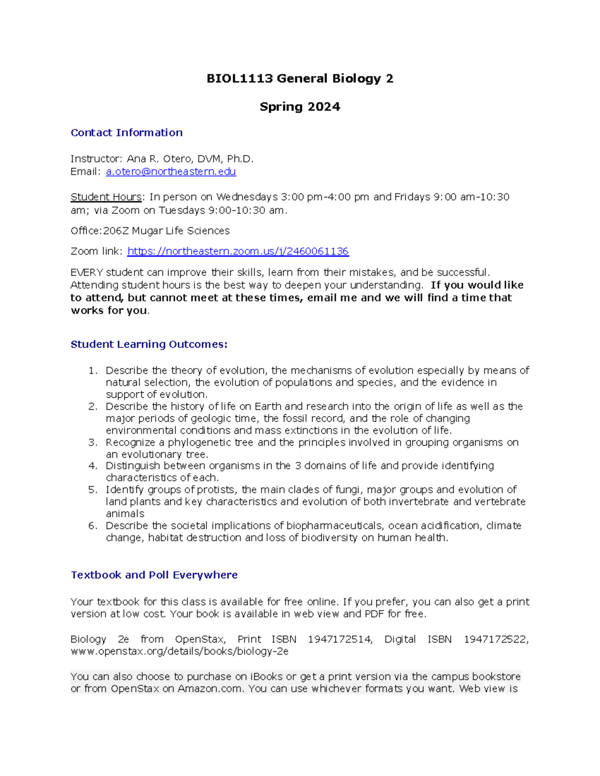 BIOL1113 Syllabus - BIOL 1113 General Biology 2 Spring 2024 Contact ...