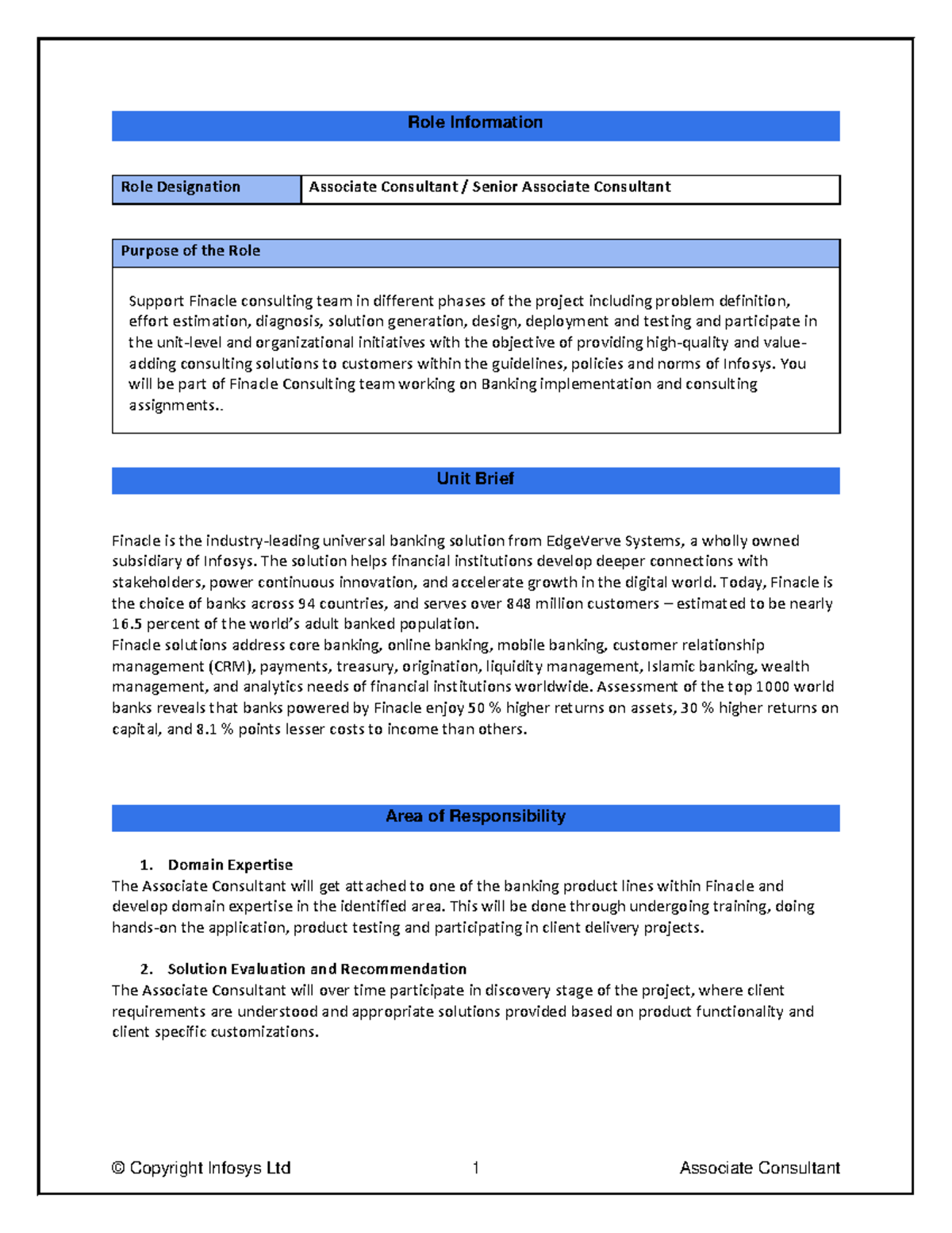 Infosys JD Finacle Consulting - © Copyright Infosys Ltd 1 Associate ...