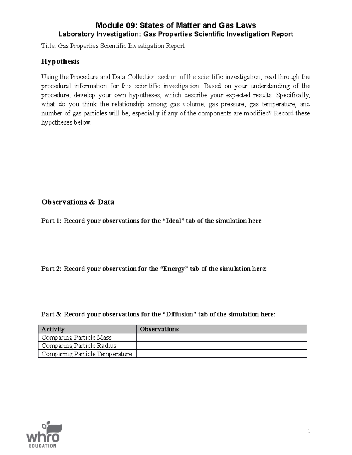 Mod09 Lab Investigation Report Module 09 States of Matter and Gas