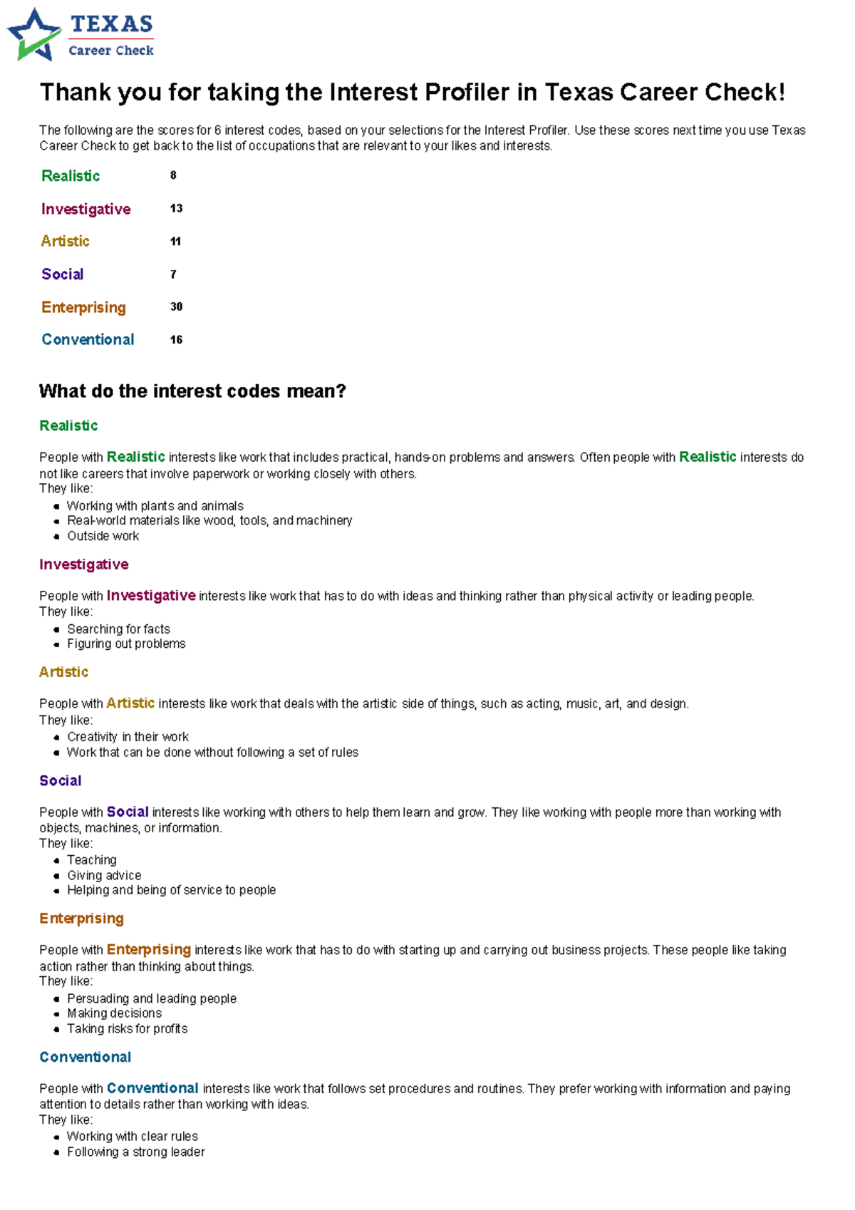 Interest profiler scores - Thank you for taking the Interest Profiler ...