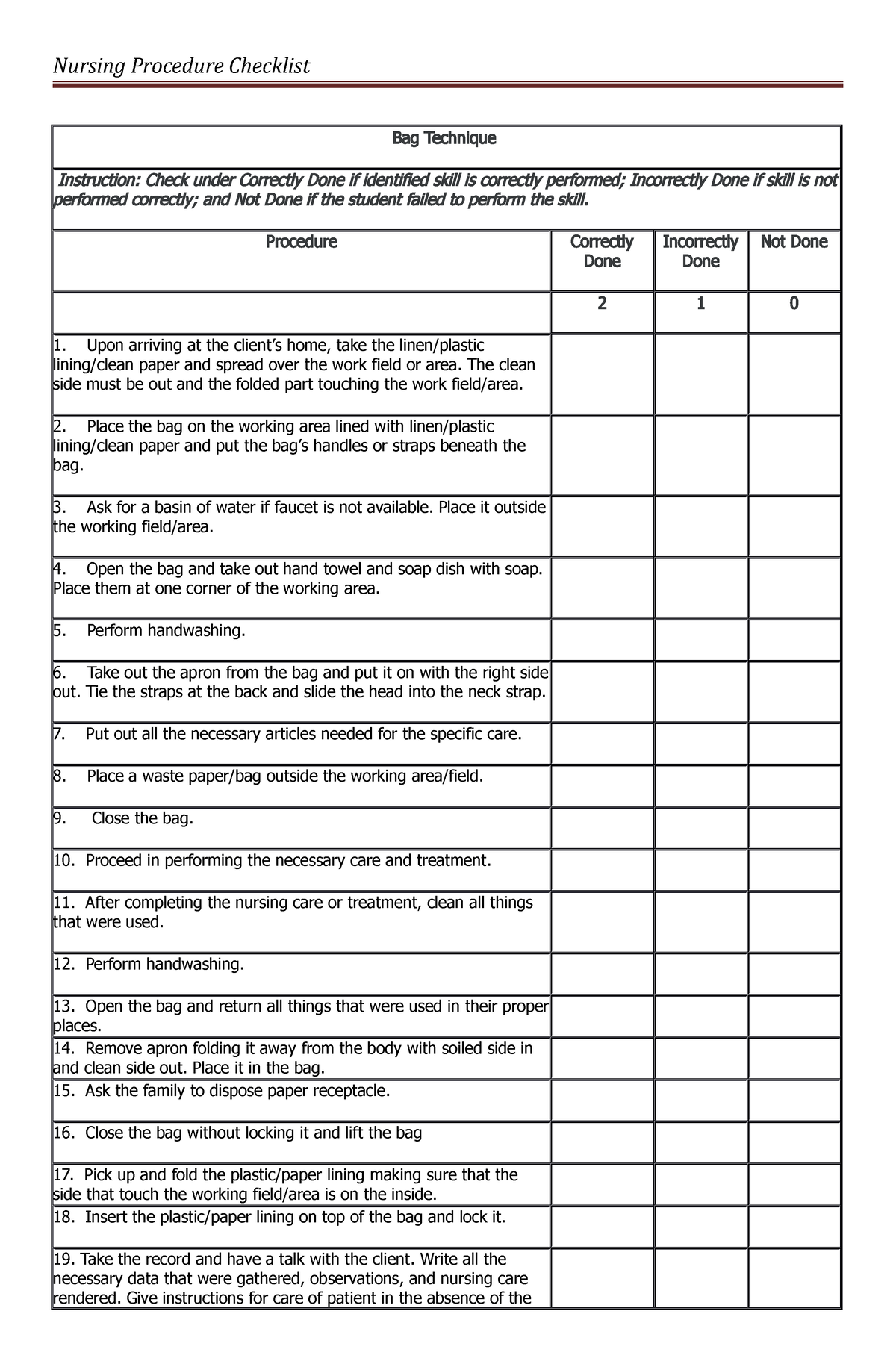 Bag-Technique- Checklist - Nursing Procedure Checklist Bag Technique ...