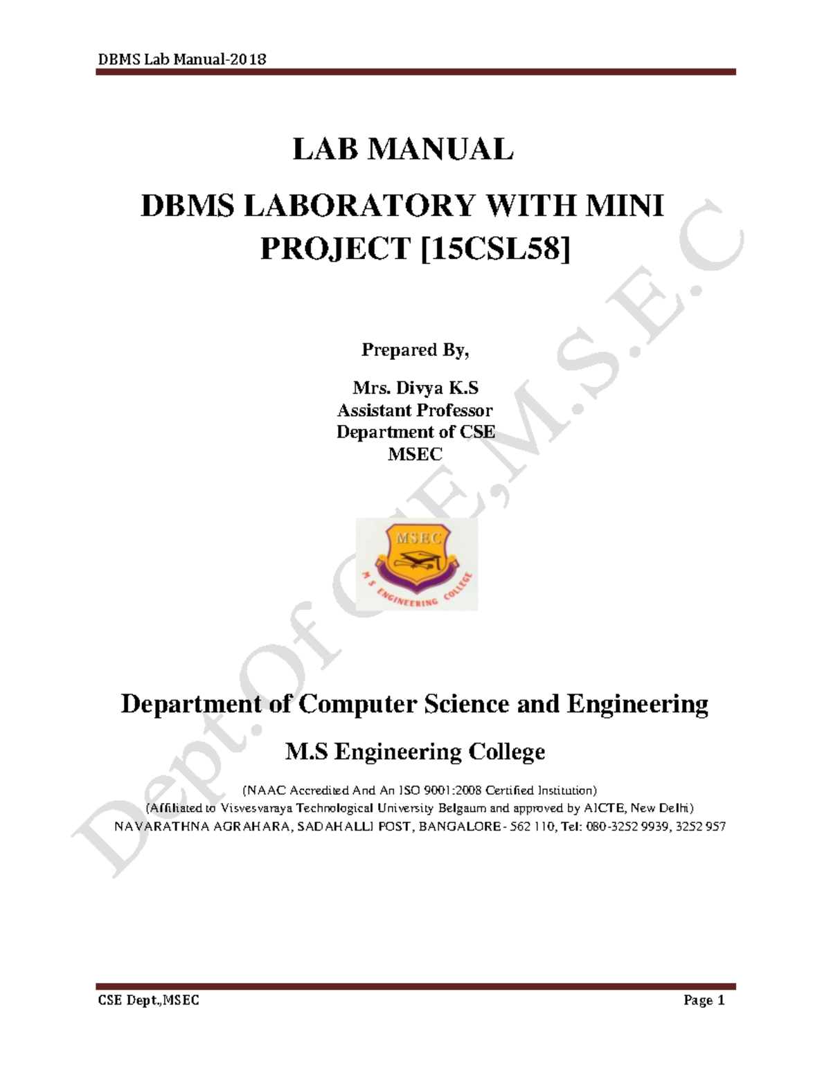 Dbms Lab1 - LAb Manual - LAB MANUAL DBMS LABORATORY WITH MINI PROJECT ...