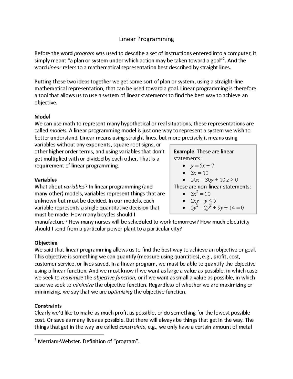 COMM 190 Linear Programming Notes - Linear Programming Before the word ...