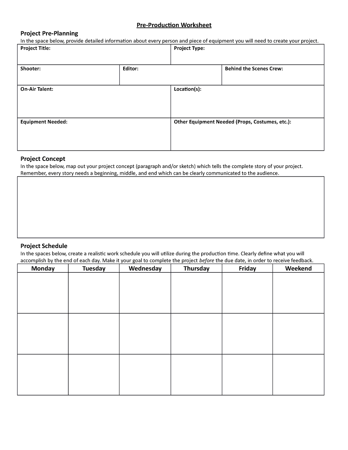 Pre Production Template Pre Production Worksheet Project Pre Planning