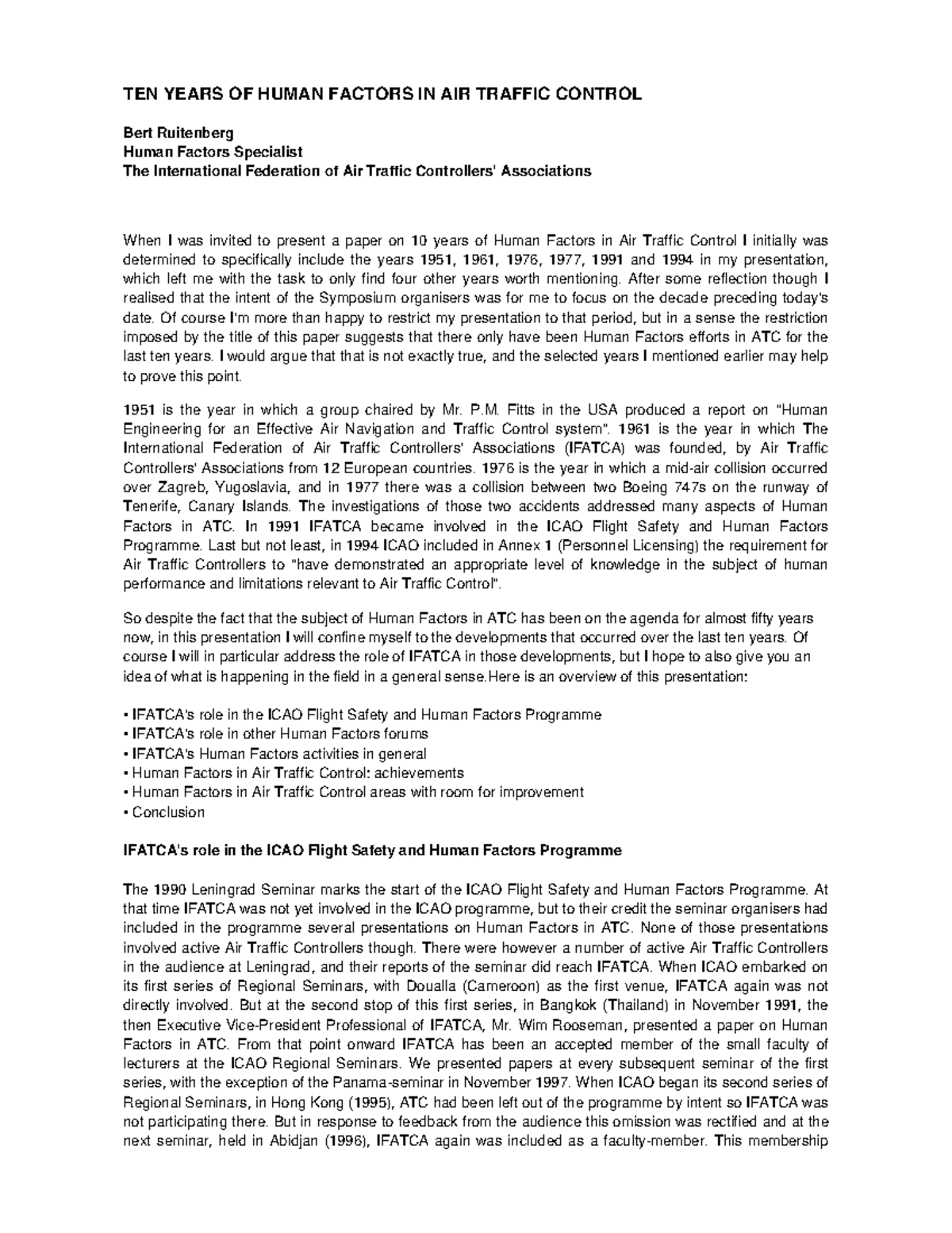 1335 - TEN YEARS OF HUMAN FACTORS IN AIR TRAFFIC CONTROL Bert ...