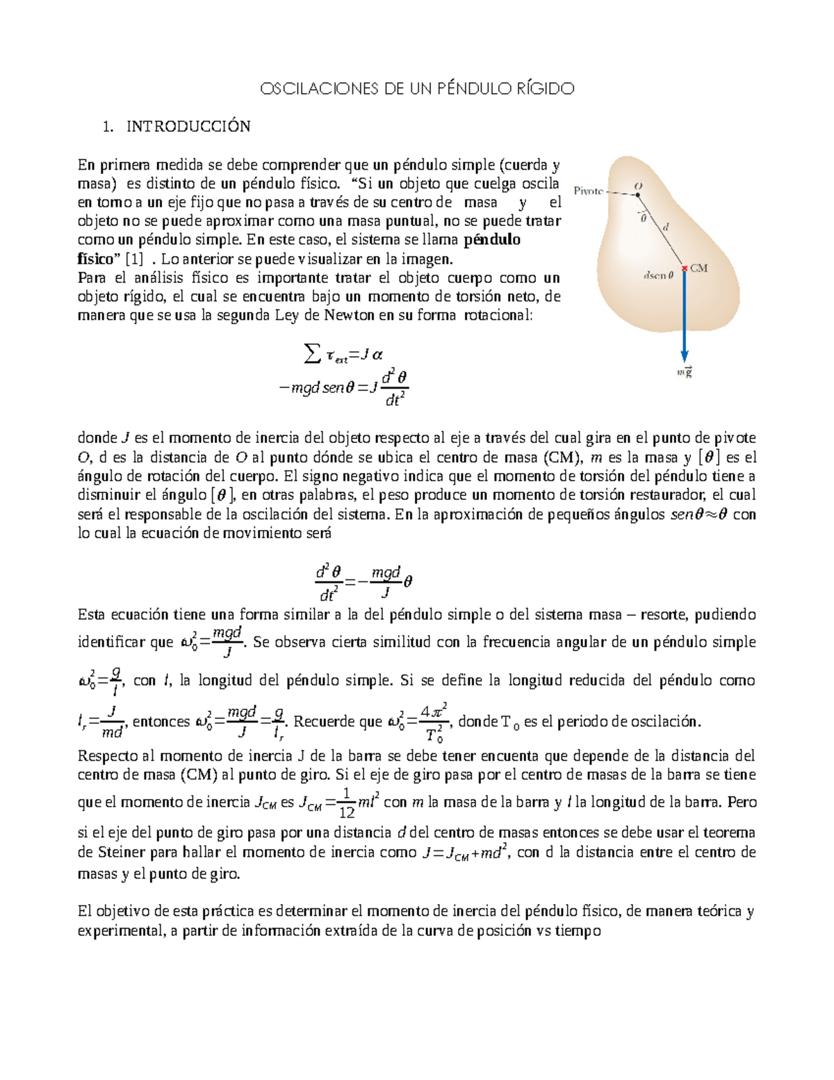 GUIA LAB #1 Péndulo físico - OSCILACIONES DE UN PÉNDULO RÍGIDO 1 ...