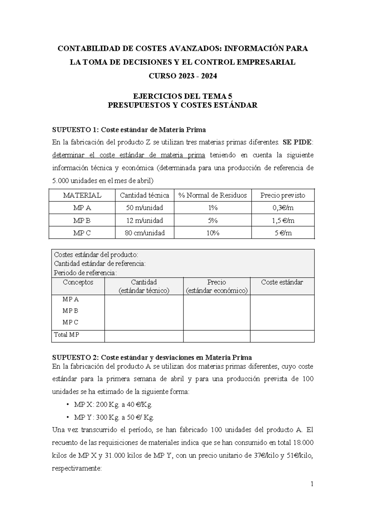 Ejercicios Clase - Nnnn - CONTABILIDAD DE COSTES AVANZADOS: INFORMACIÓN ...