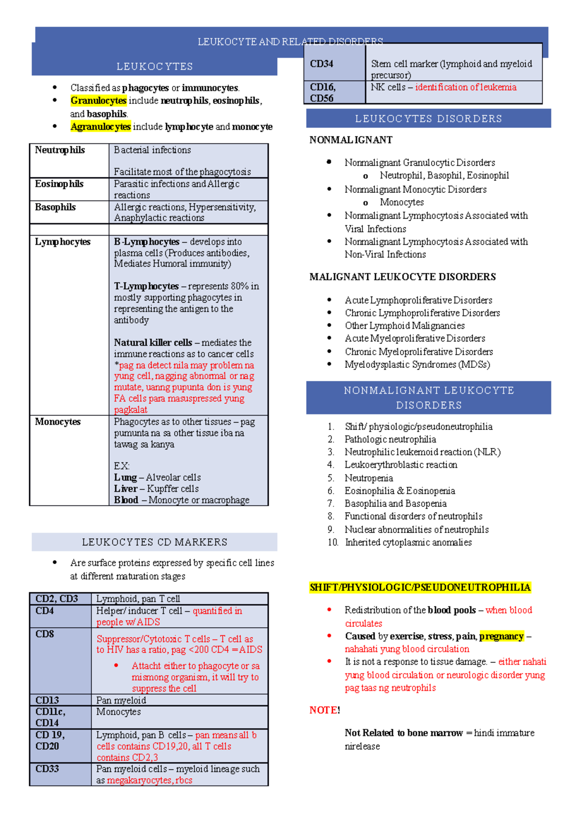 Hematology Leukemia PART1 - LEUKOCYTES Classified as phagocytes or ...