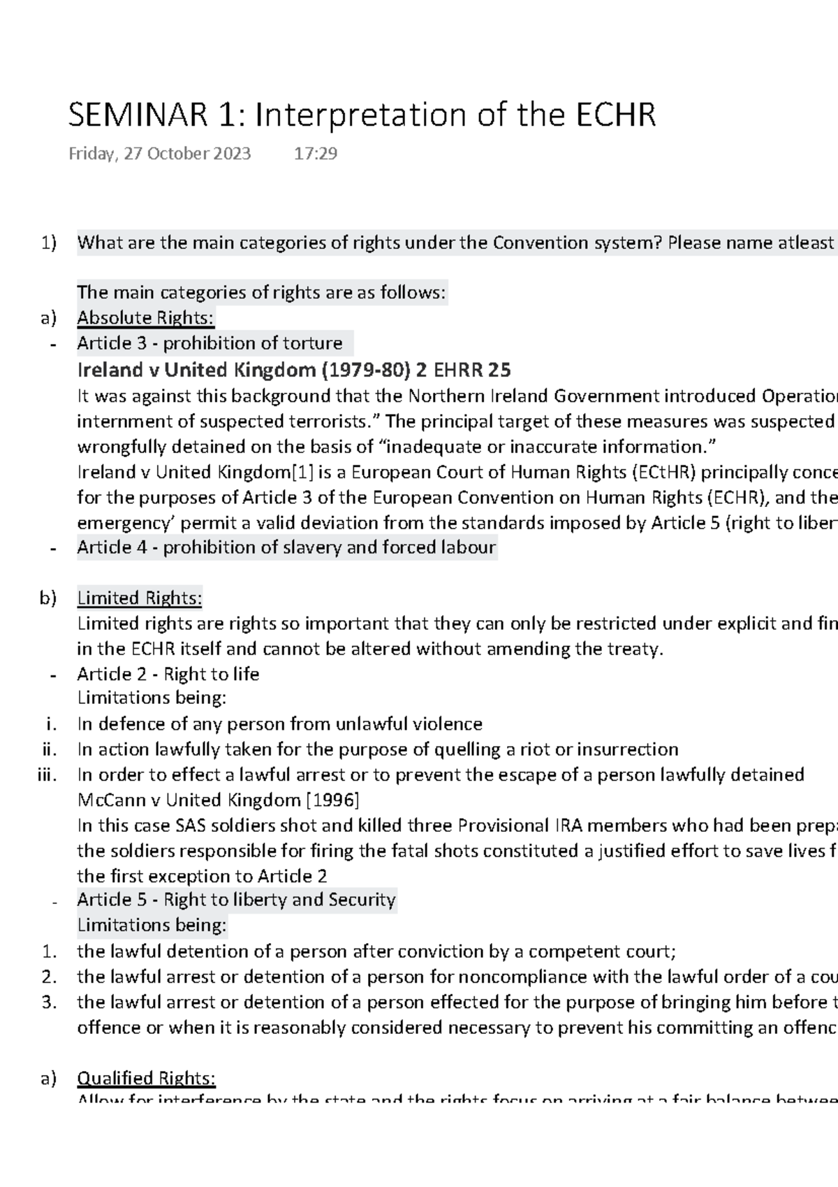 Seminar 1 Interpretation of the ECHR - What are the main categories of ...