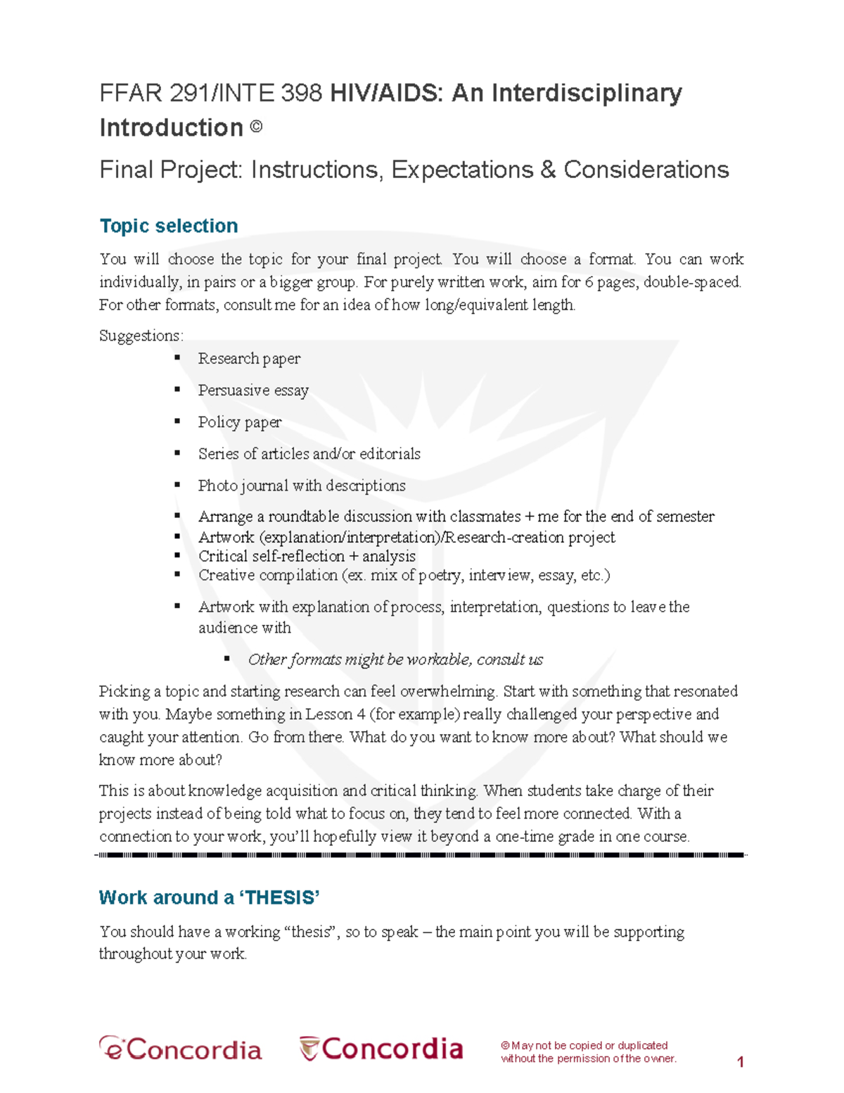 Final Project Instructions FFAR 291/INTE 398 HIV/AIDS An